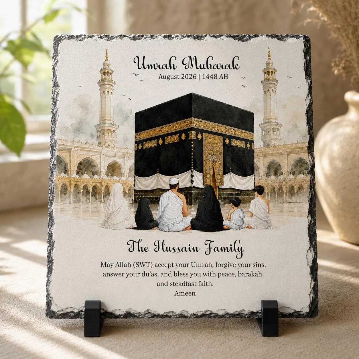 Personalised Umrah Mubarak Rock Slate | Family Umrah Gift | Islamic Home Decor | Kaabah Slate Plaque | Umrah Keepsake