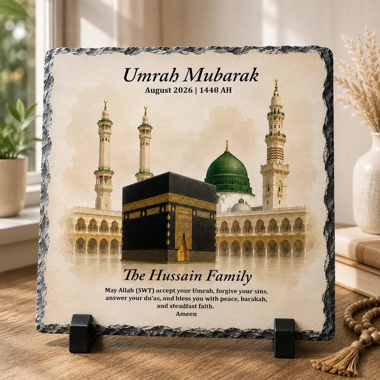 Umrah Mubarak Personalised Rock Slate | Islamic Umrah Gift | Hajj & Umrah Keepsake | Muslim Family Gift | Kaaba Home Decor