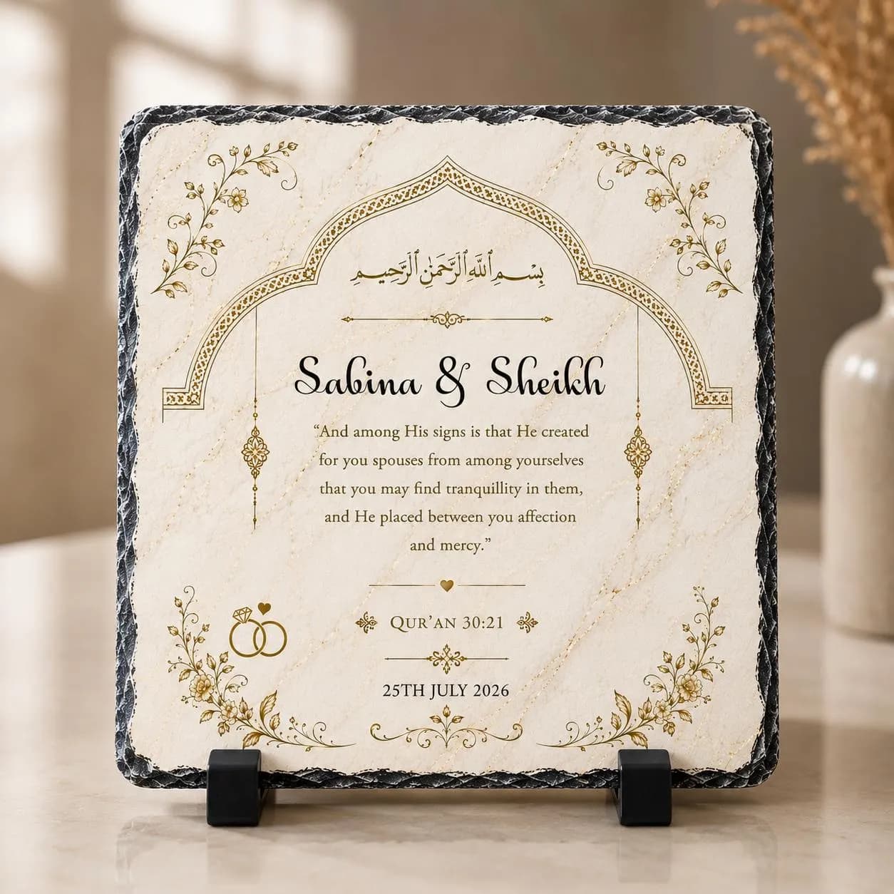 Personalised Islamic Wedding Rock Slate | Muslim Couple Gift | Nikkah Slate | Custom Wedding Plaque | Quran 30:21 | Anniversary Gift