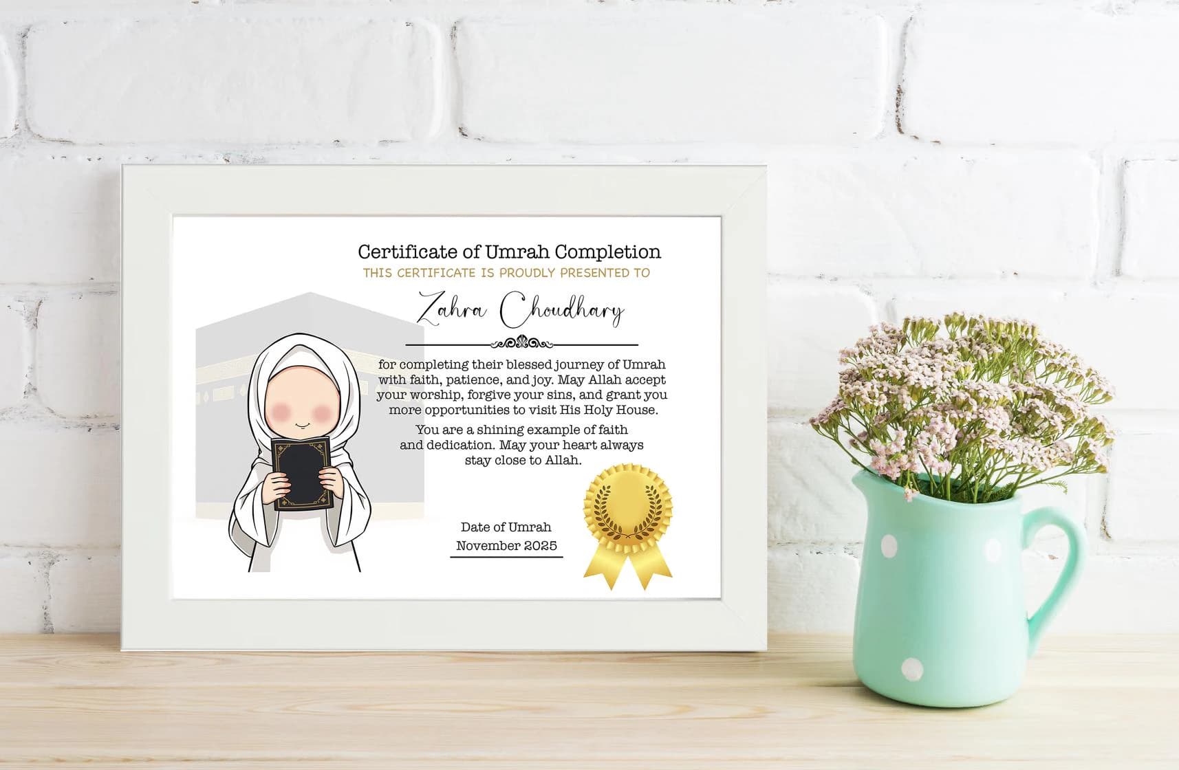 Umrah Completion Certificate for Children – Personalised Islamic Gift | Custom Umrah Certificate | Muslim Kids Keepsake Framed White Frame |