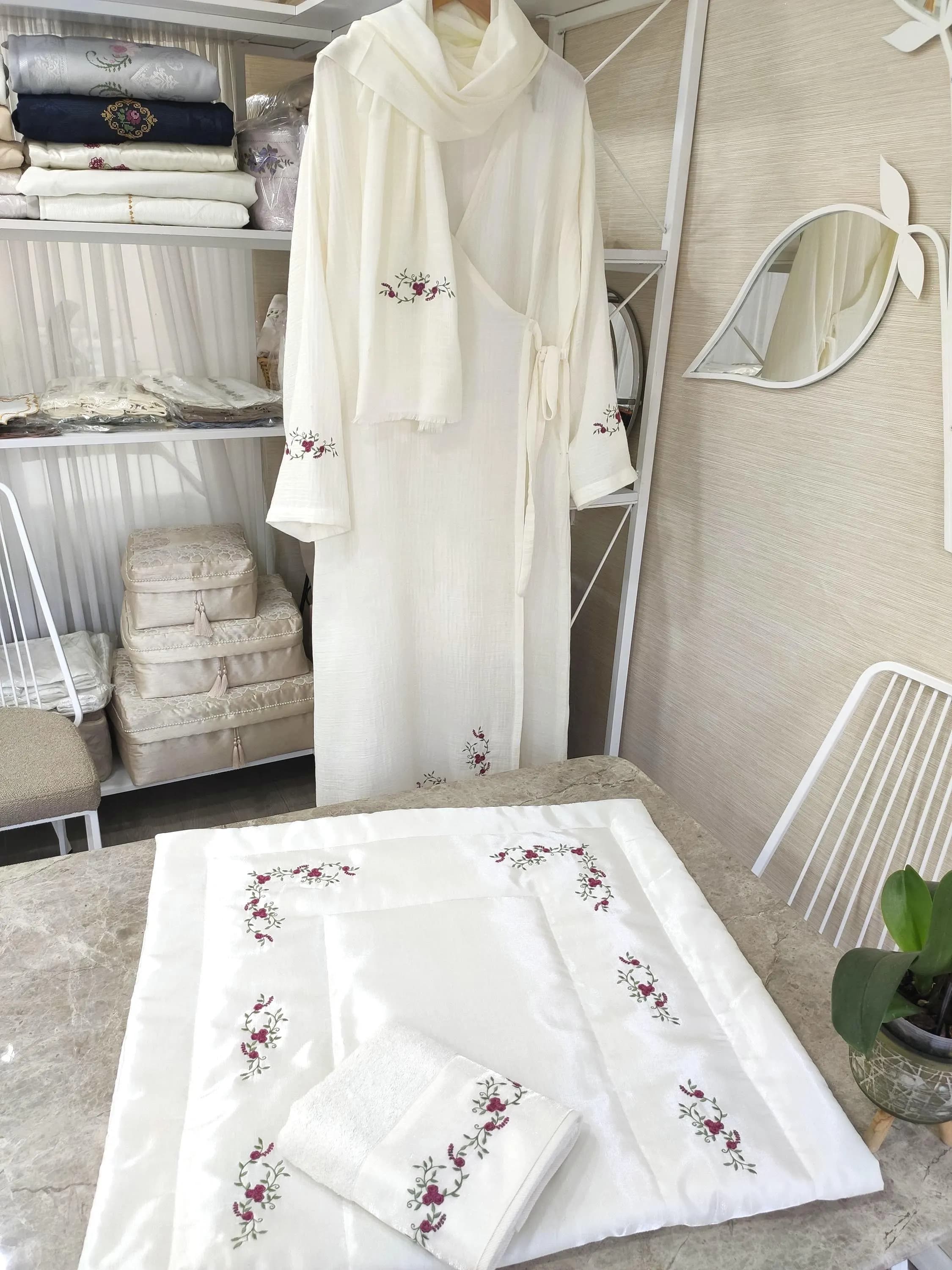 Personalized Muslim Wedding Gift Set, Embroidered Prayer Dress, Rug, Hijab, Towel (Nikah Gift) - image 5