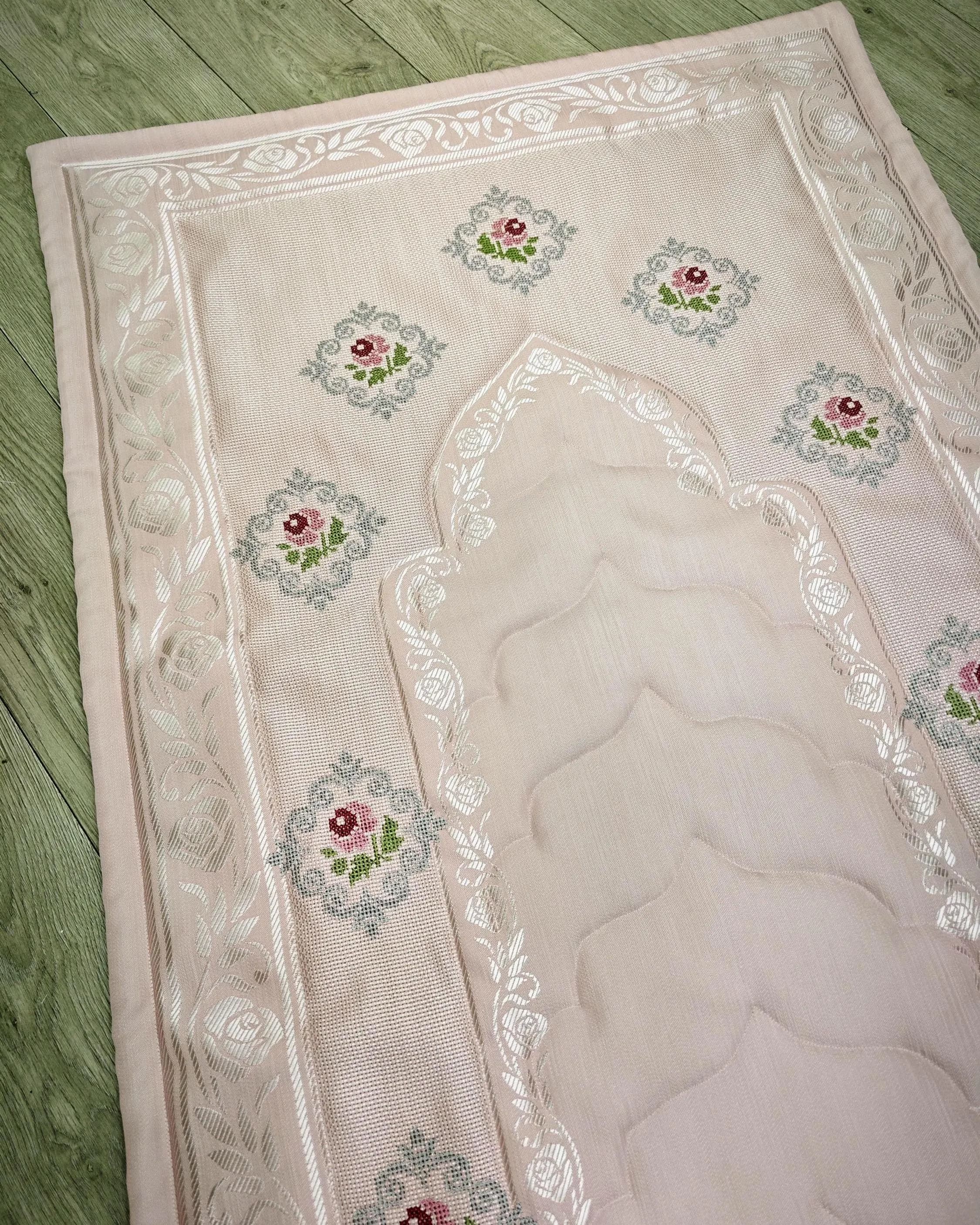 Pink Rose Cross Stitch Prayer Mat, Padded Floral Sajjada, Islamic Wedding Gift - image 4