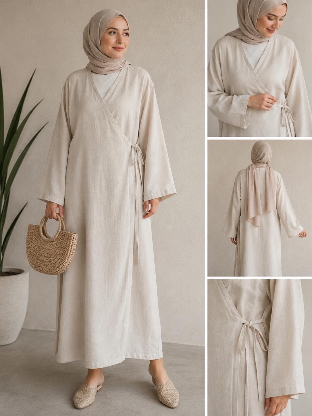 Turkish Muslin Prayer Dress, Beige Wrap Kimono, Modest Islamic Clothing