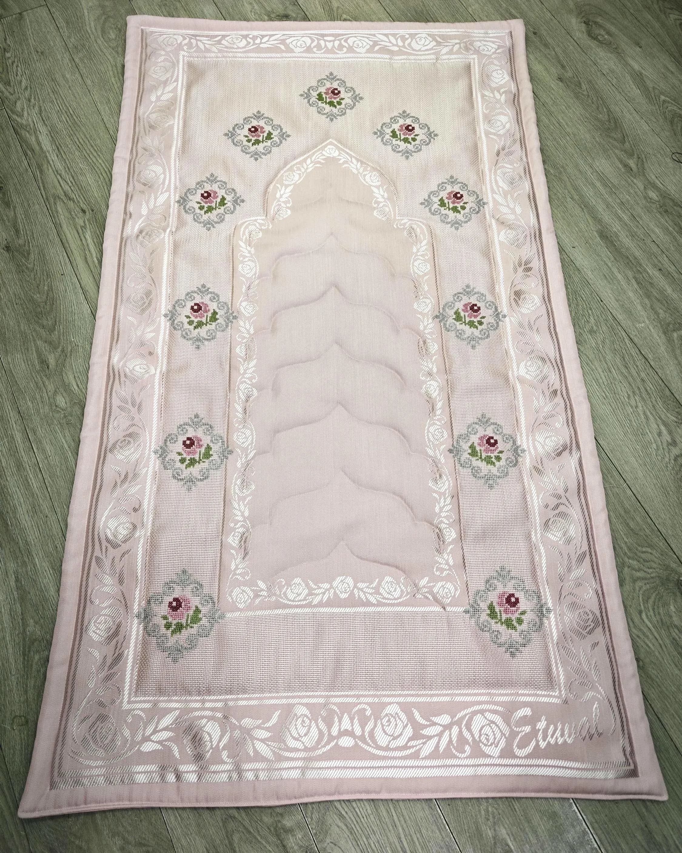 Pink Rose Cross Stitch Prayer Mat, Padded Floral Sajjada, Islamic Wedding Gift