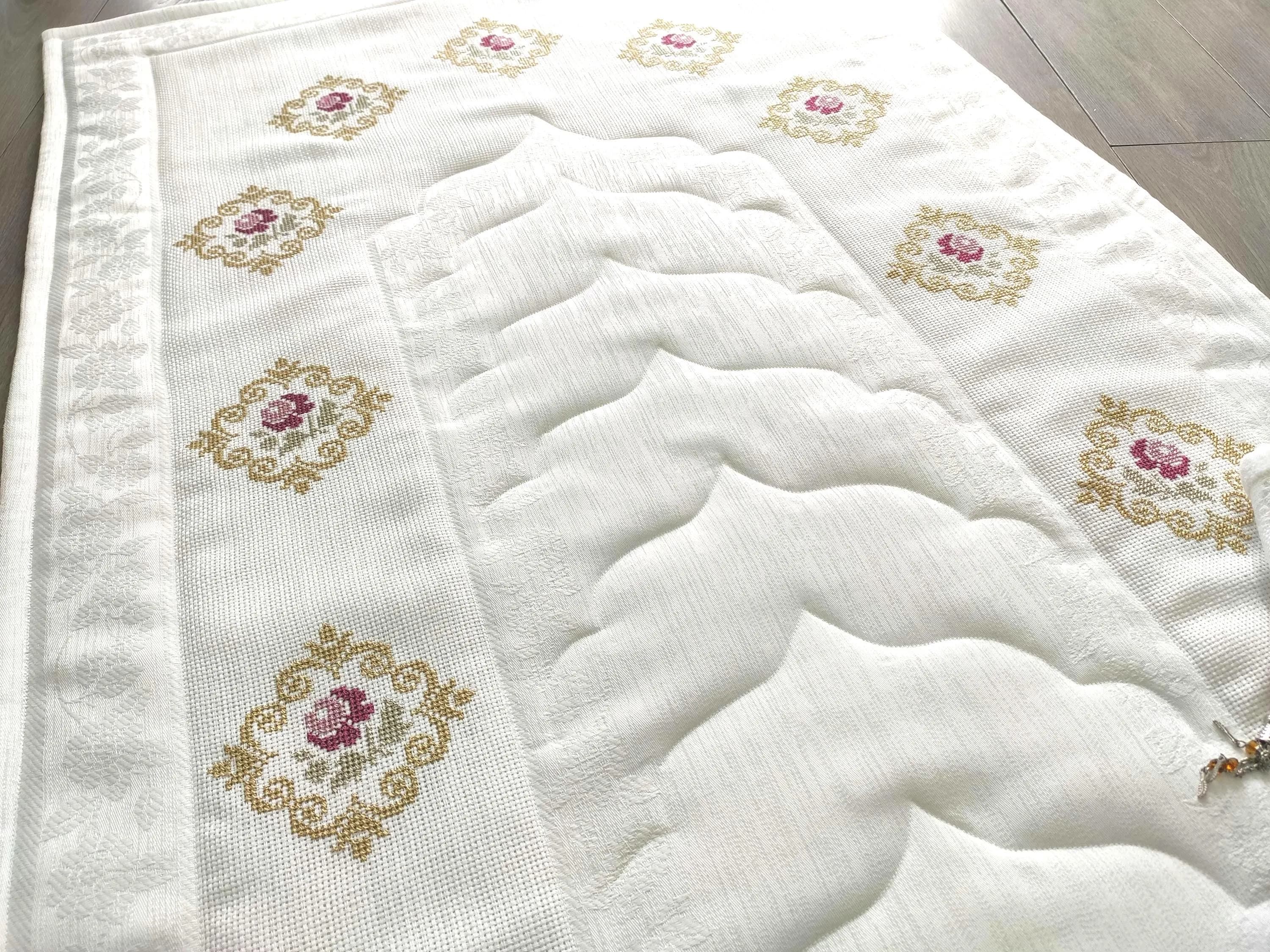 Mihrab Prayer Mat: Gold cross-stitch embroidered, fiber-filled prayer rug, Muslim gifts - image 5