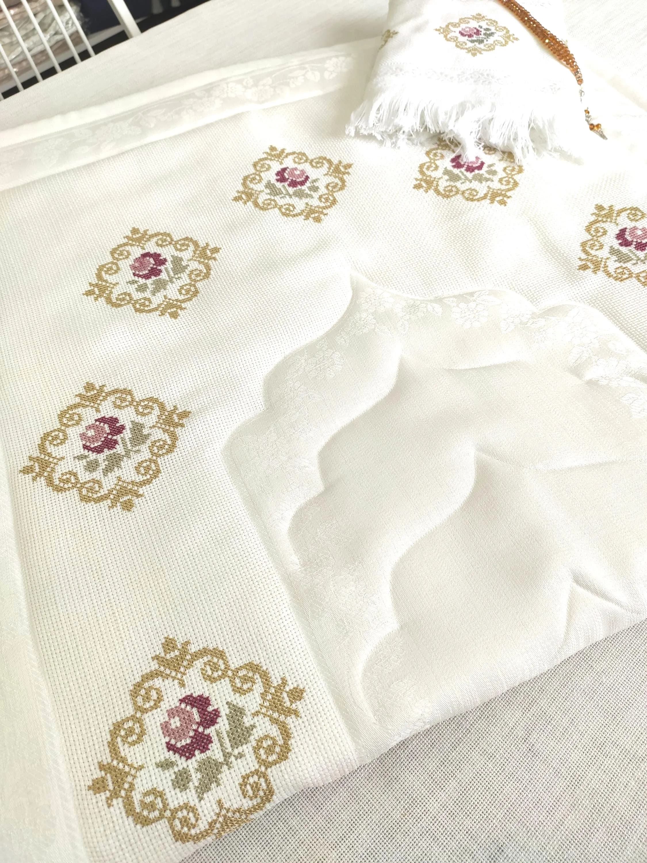 Mihrab Prayer Mat: Gold cross-stitch embroidered, fiber-filled prayer rug, Muslim gifts - image 3