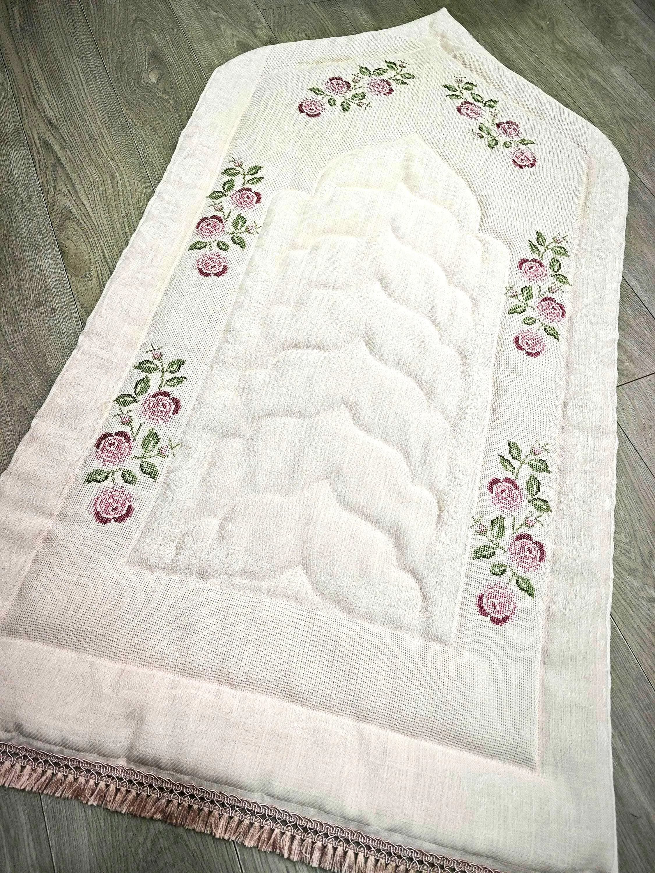 Soft Pink Padded Prayer Mat, Cross Stitch Mihrab Sajjada, Elegant Islamic Rug