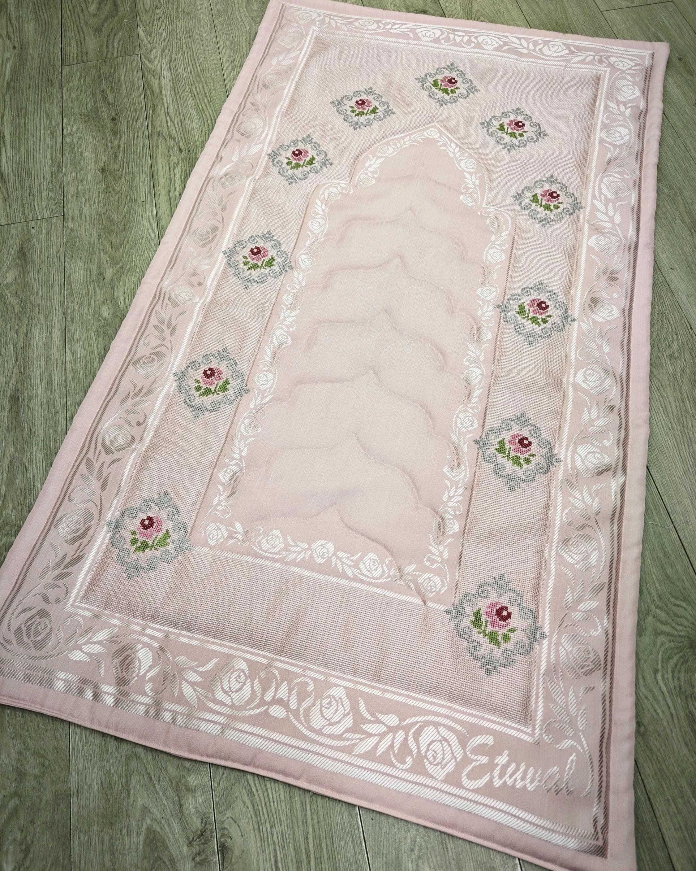 Pink Rose Cross Stitch Prayer Mat, Padded Floral Sajjada, Islamic Wedding Gift - image 2
