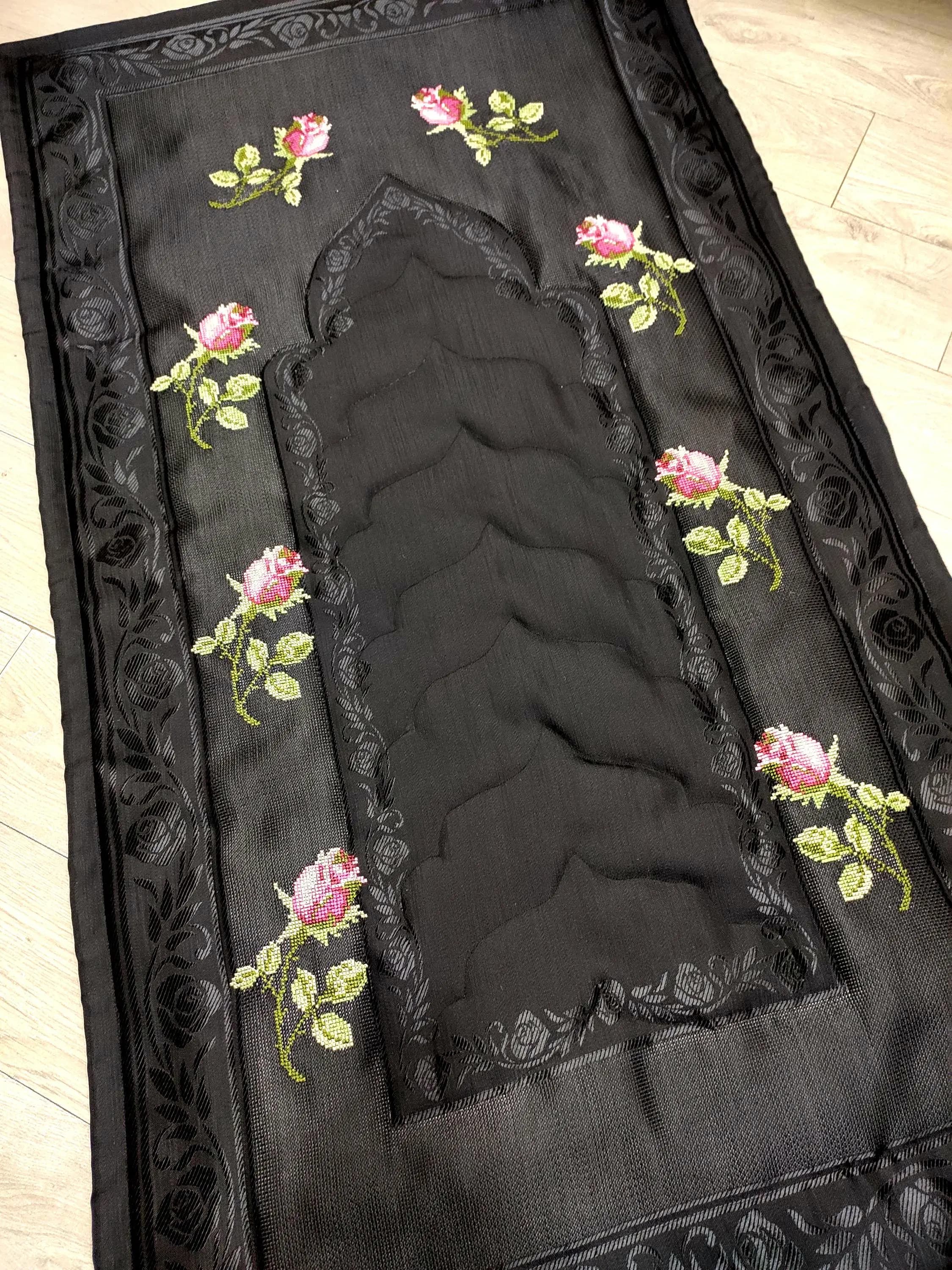 Embroidered Black Prayer Rug – Pink Rose Sajjada, Padded Muslim Mat - image 2