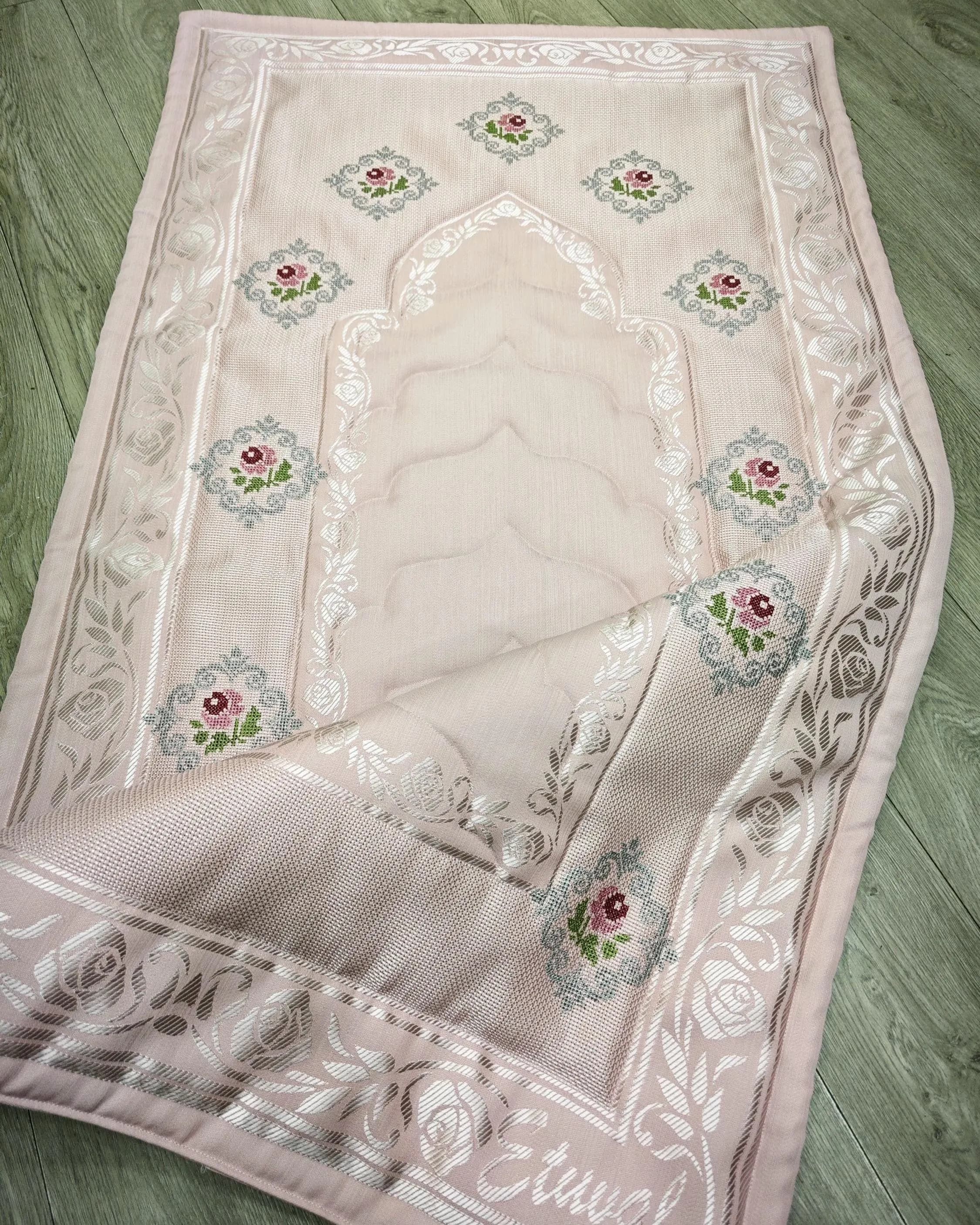 Pink Rose Cross Stitch Prayer Mat, Padded Floral Sajjada, Islamic Wedding Gift - image 3