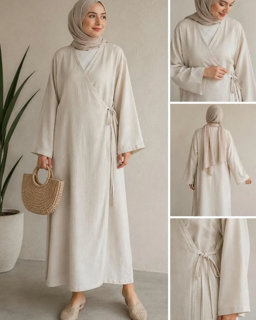 Turkish Muslin Prayer Dress, Beige Wrap Kimono, Modest Islamic Clothing - image 3