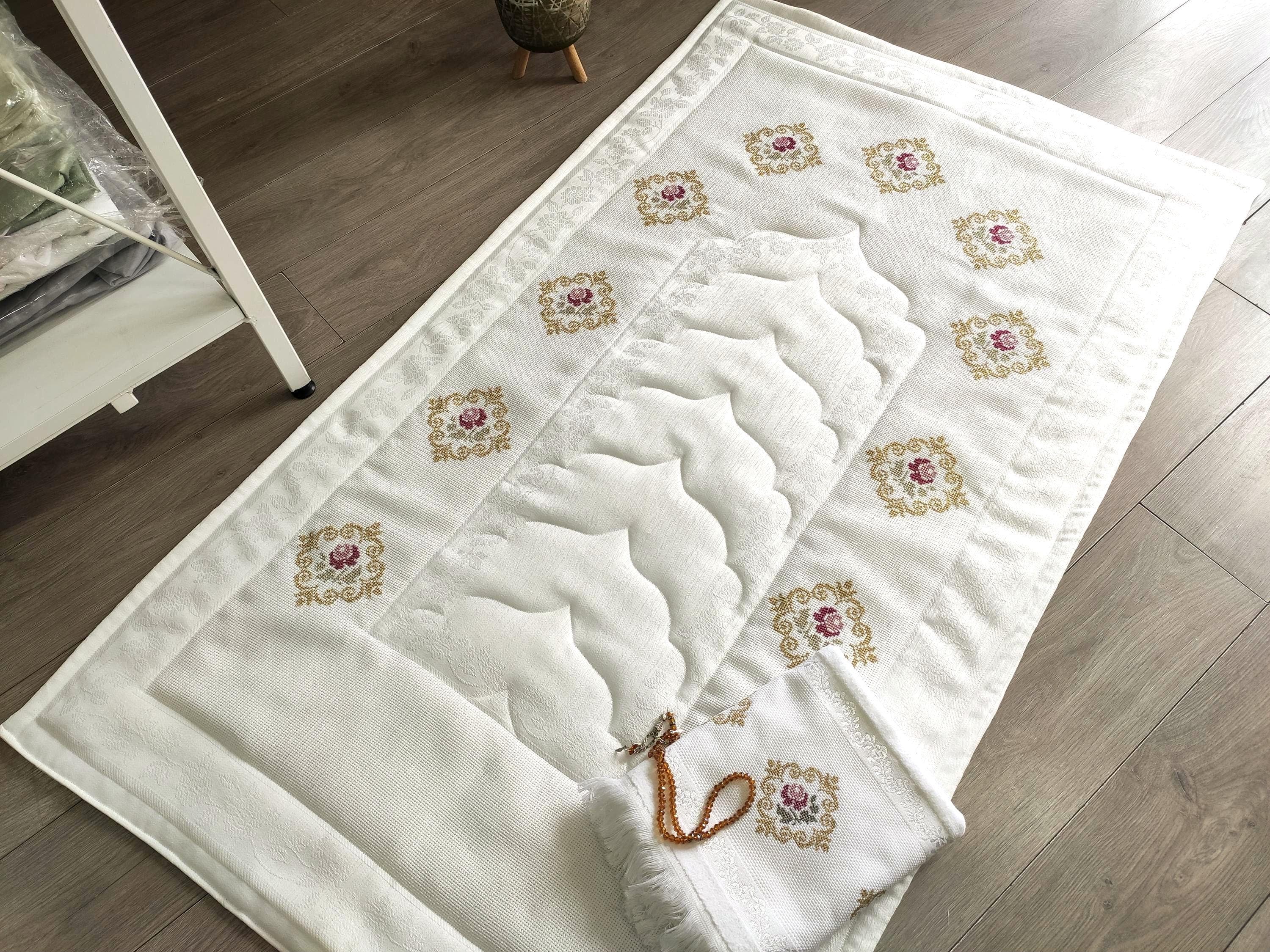 Mihrab Prayer Mat: Gold cross-stitch embroidered, fiber-filled prayer rug, Muslim gifts