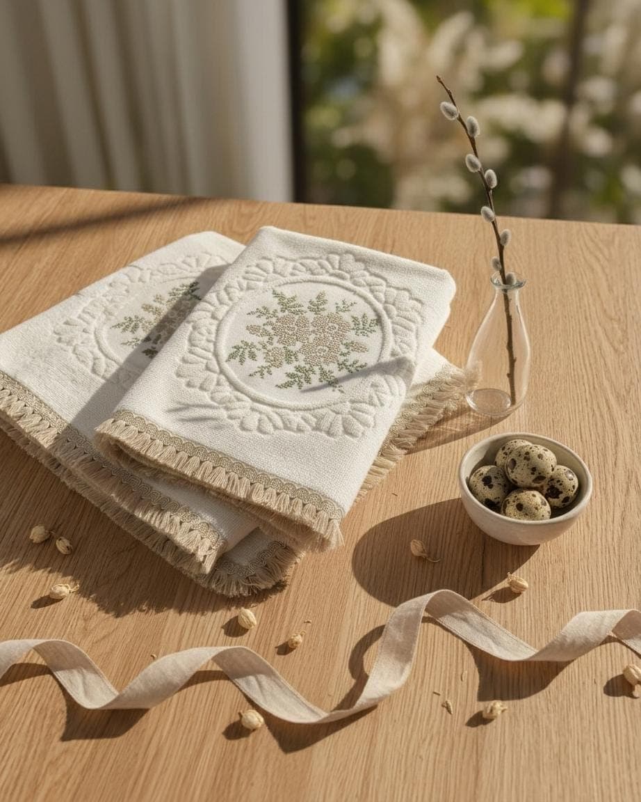 Handmade Embroidered Cotton Blend Bath Mat Set, Floral Beige Green, 3-Piece Bathroom Decor - image 2