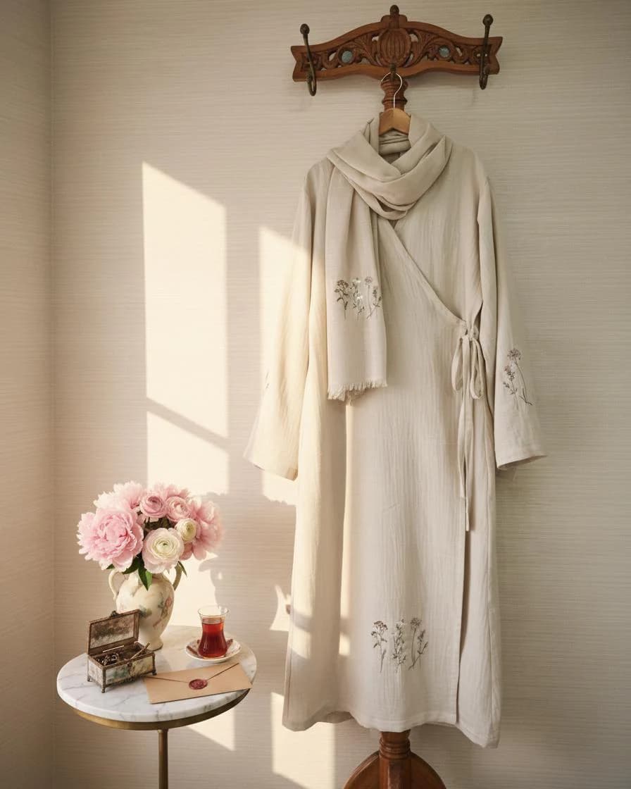 Handmade Embroidered Cotton Muslin Prayer Dress, Turkish Modest Robe (100% Natural),Müslim Abaya,Umrah attire - image 4