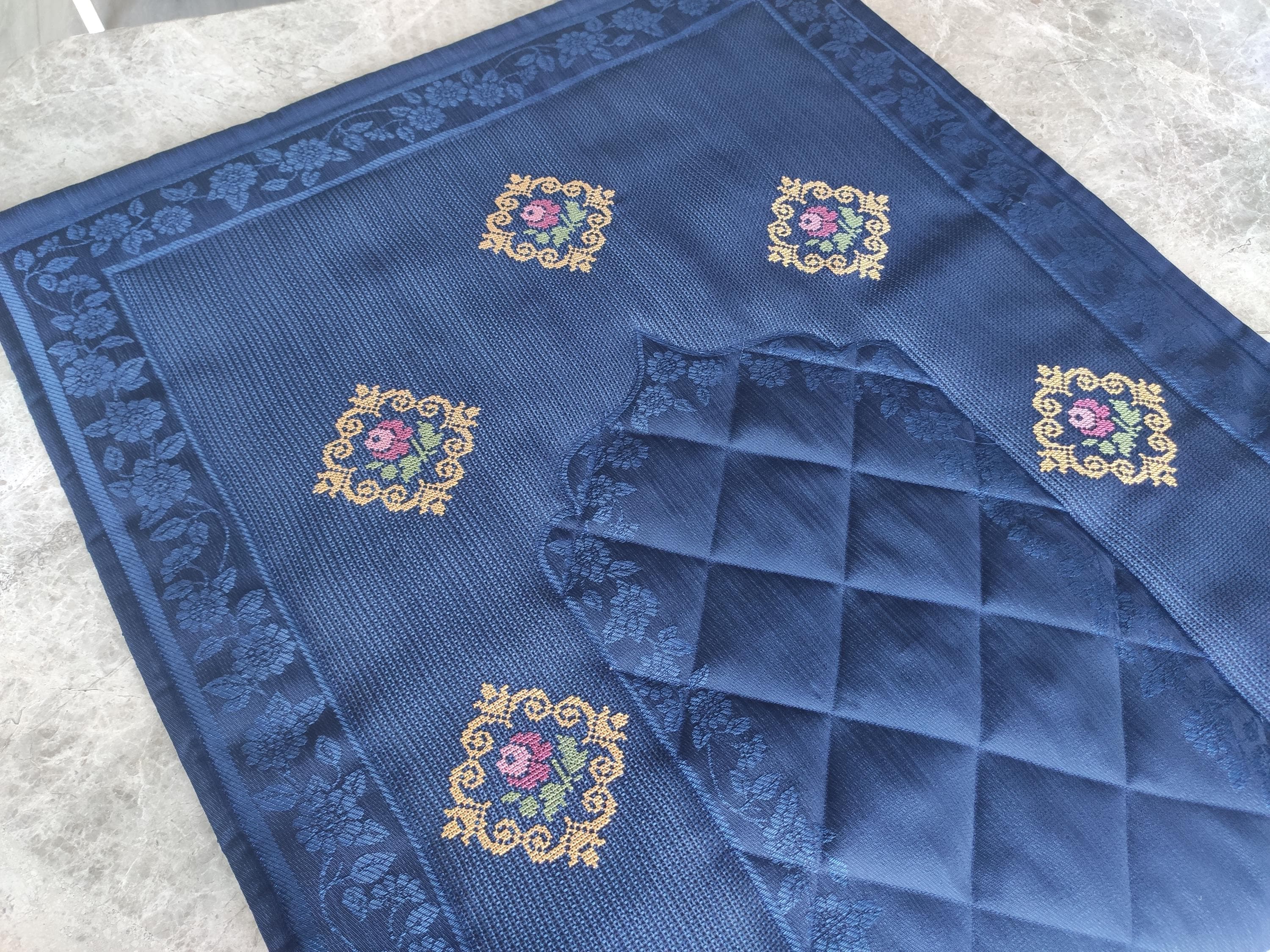 Mihrab Prayer Mat: Gold cross-stitch embroidered, fiber-filled prayer rug, Muslim gifts - image 4