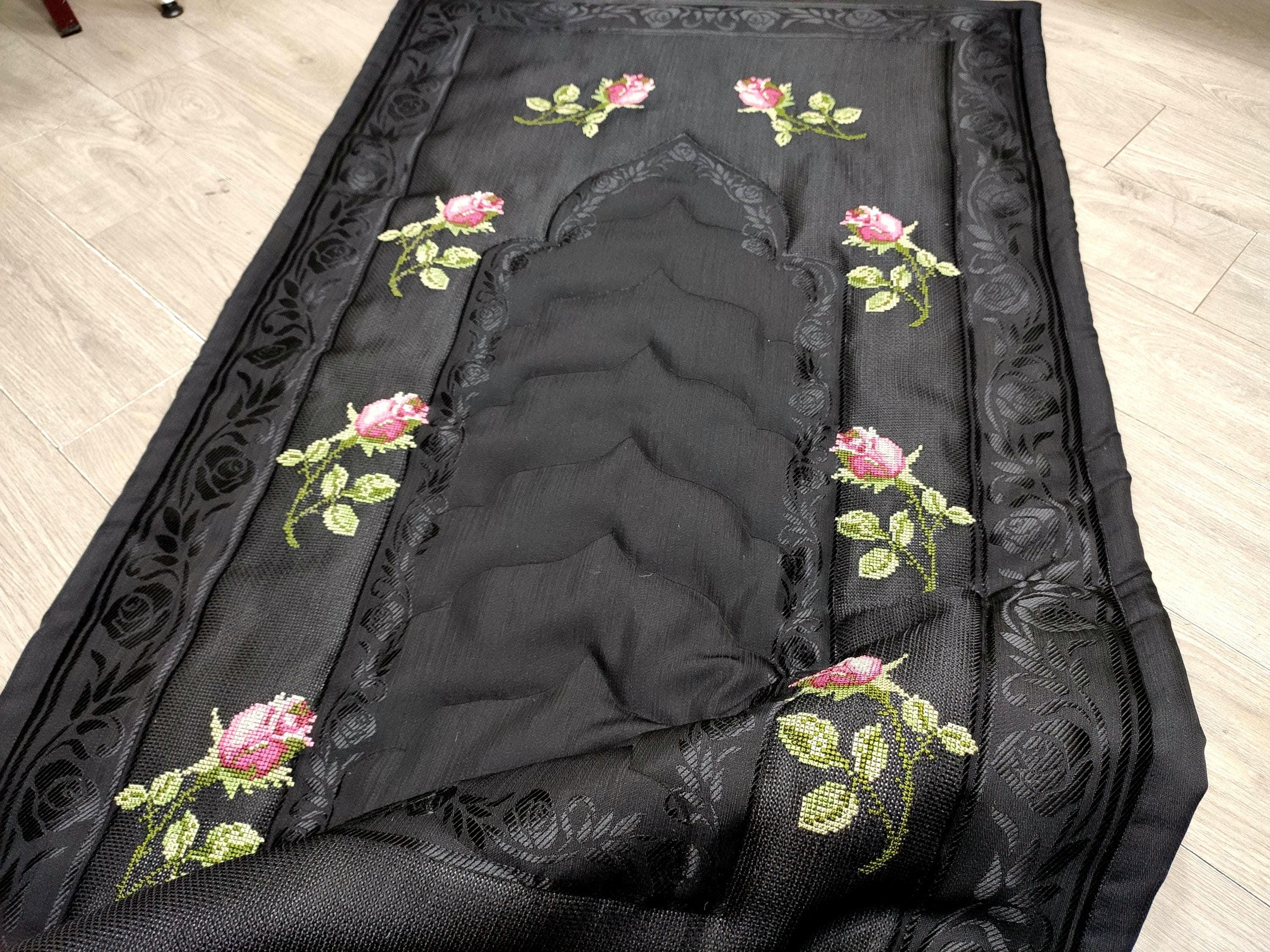 Embroidered Black Prayer Rug – Pink Rose Sajjada, Padded Muslim Mat