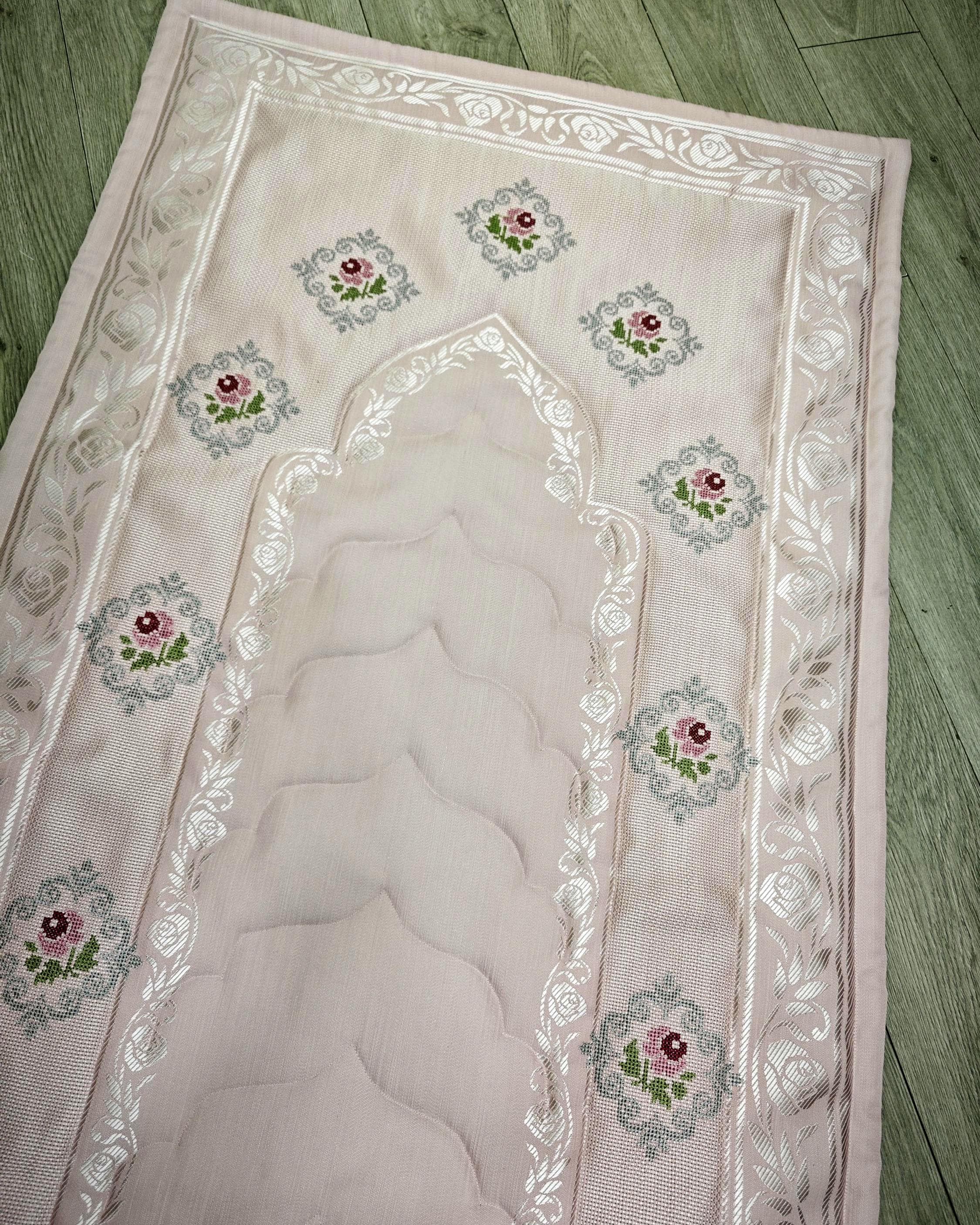 Pink Rose Cross Stitch Prayer Mat, Padded Floral Sajjada, Islamic Wedding Gift - image 5