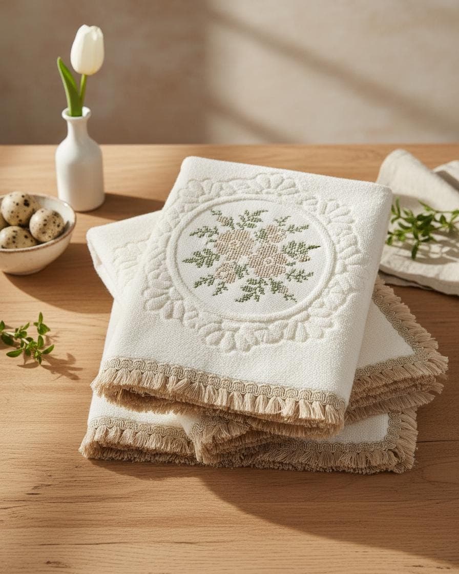 Handmade Embroidered Cotton Blend Bath Mat Set, Floral Beige Green, 3-Piece Bathroom Decor