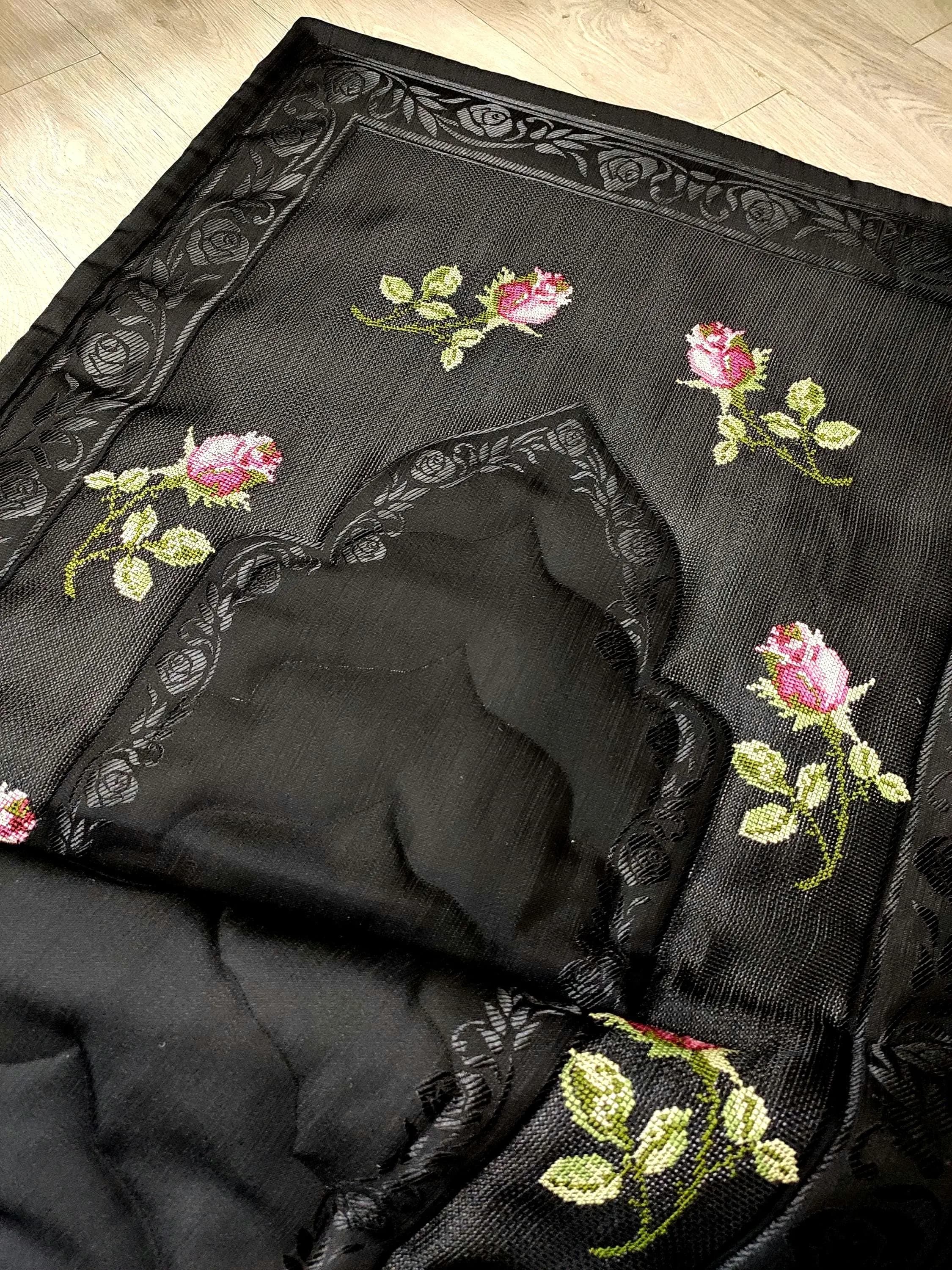 Embroidered Black Prayer Rug – Pink Rose Sajjada, Padded Muslim Mat - image 3