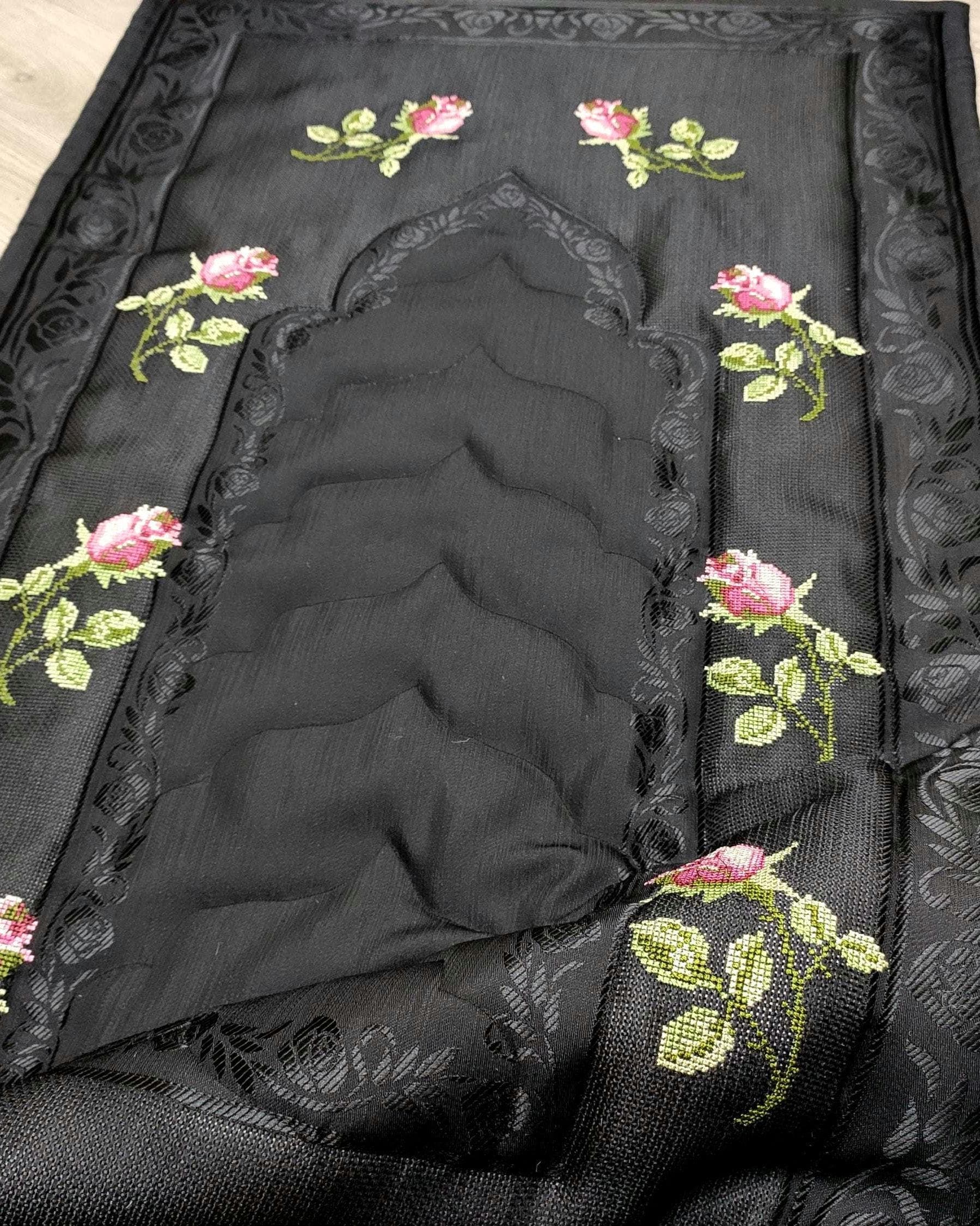 Embroidered Black Prayer Rug – Pink Rose Sajjada, Padded Muslim Mat - image 5