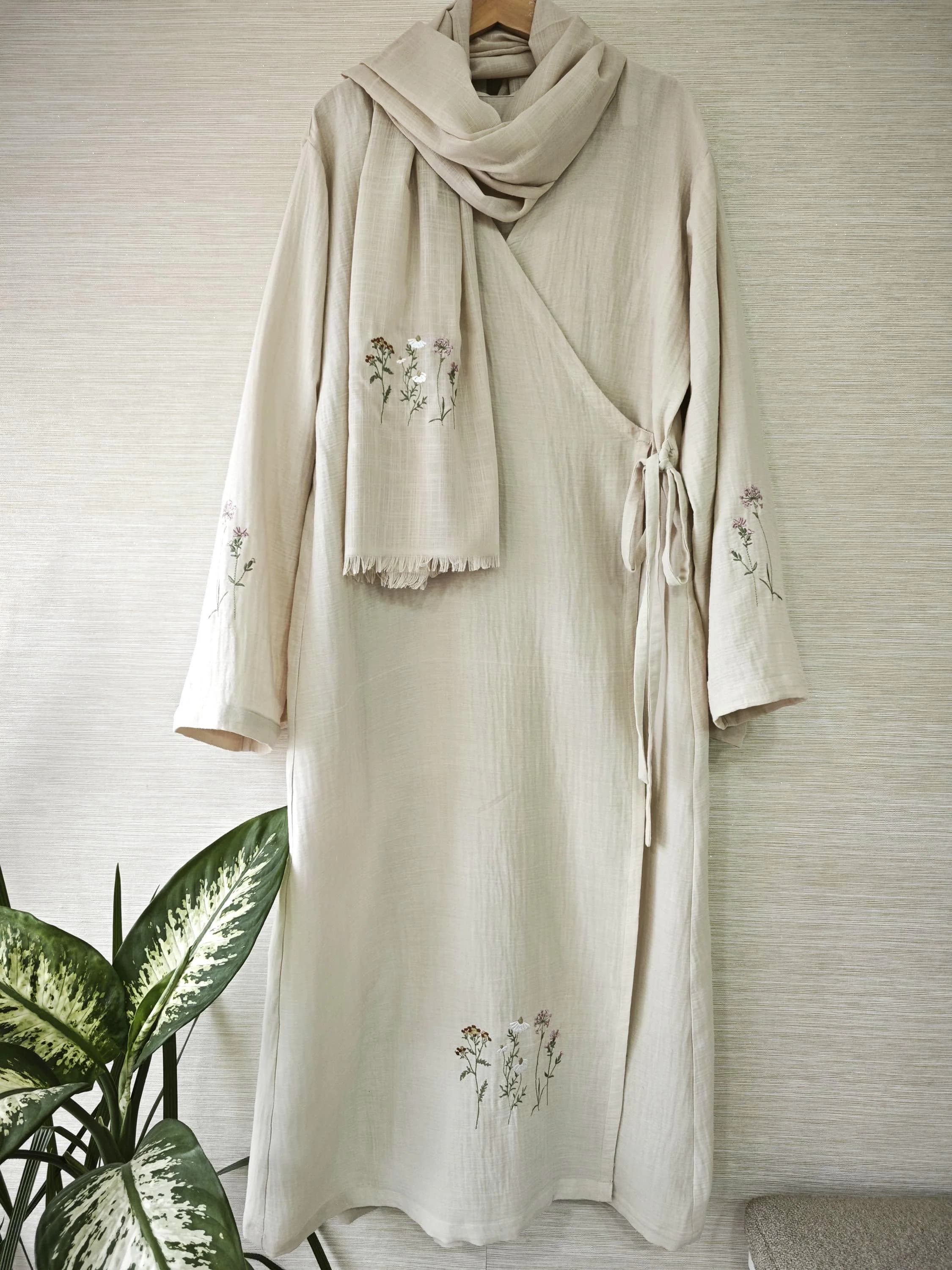 Handmade Embroidered Cotton Muslin Prayer Dress, Turkish Modest Robe (100% Natural),Müslim Abaya,Umrah attire - image 2