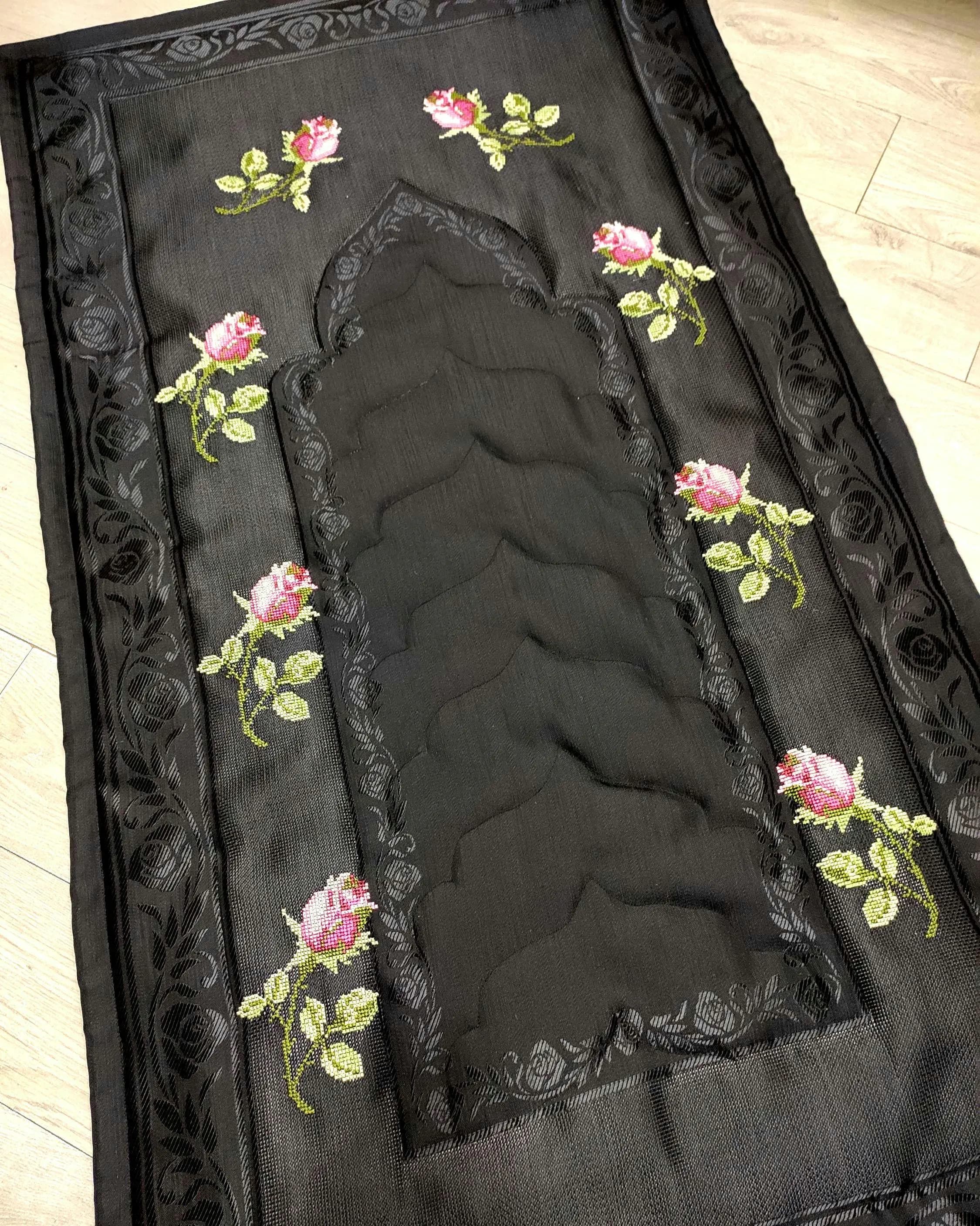Embroidered Black Prayer Rug – Pink Rose Sajjada, Padded Muslim Mat - image 4