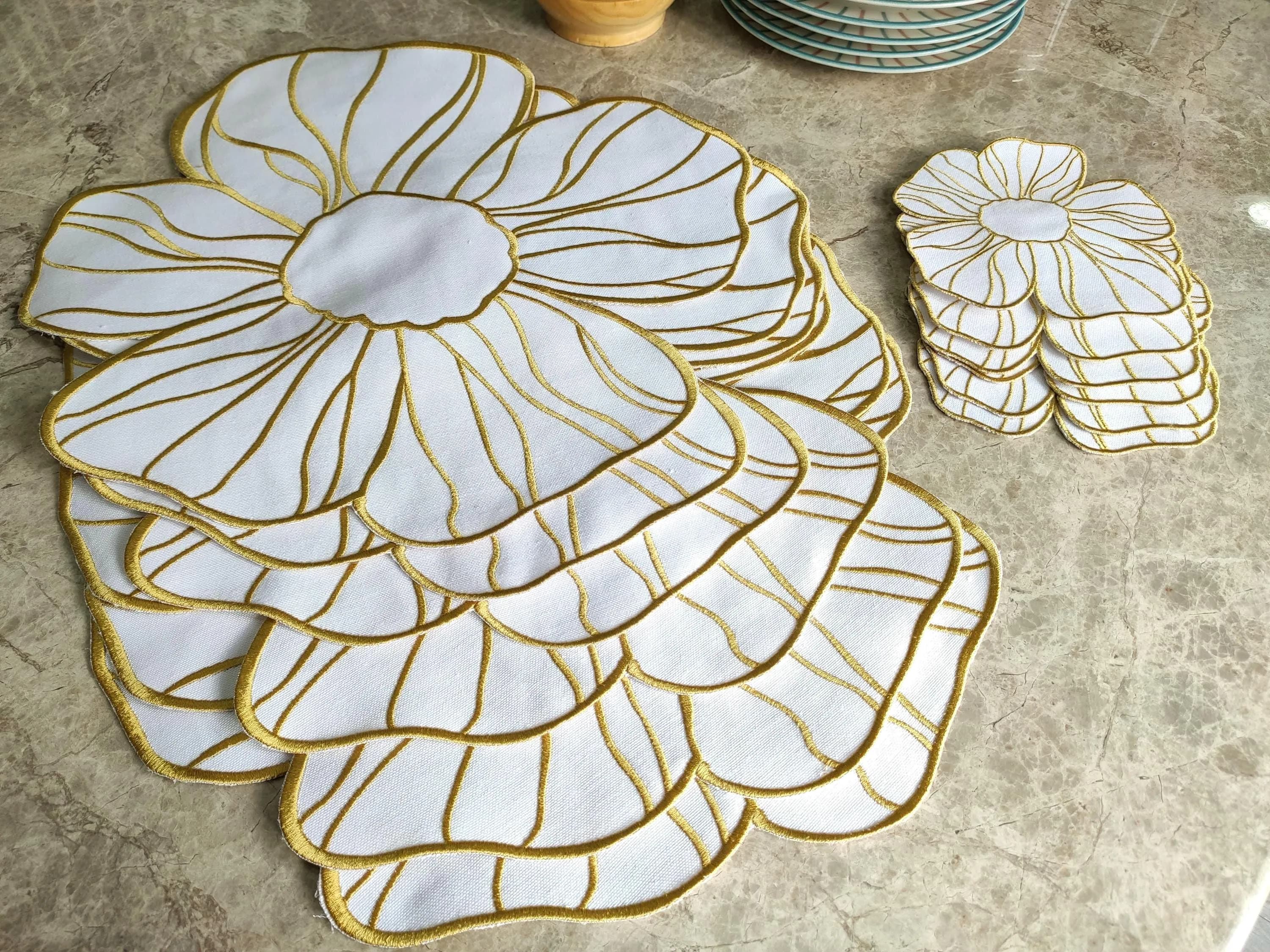 Embroidered Flower Placemat and Coaster Set – Floral Table Linens,set of 6, napkins