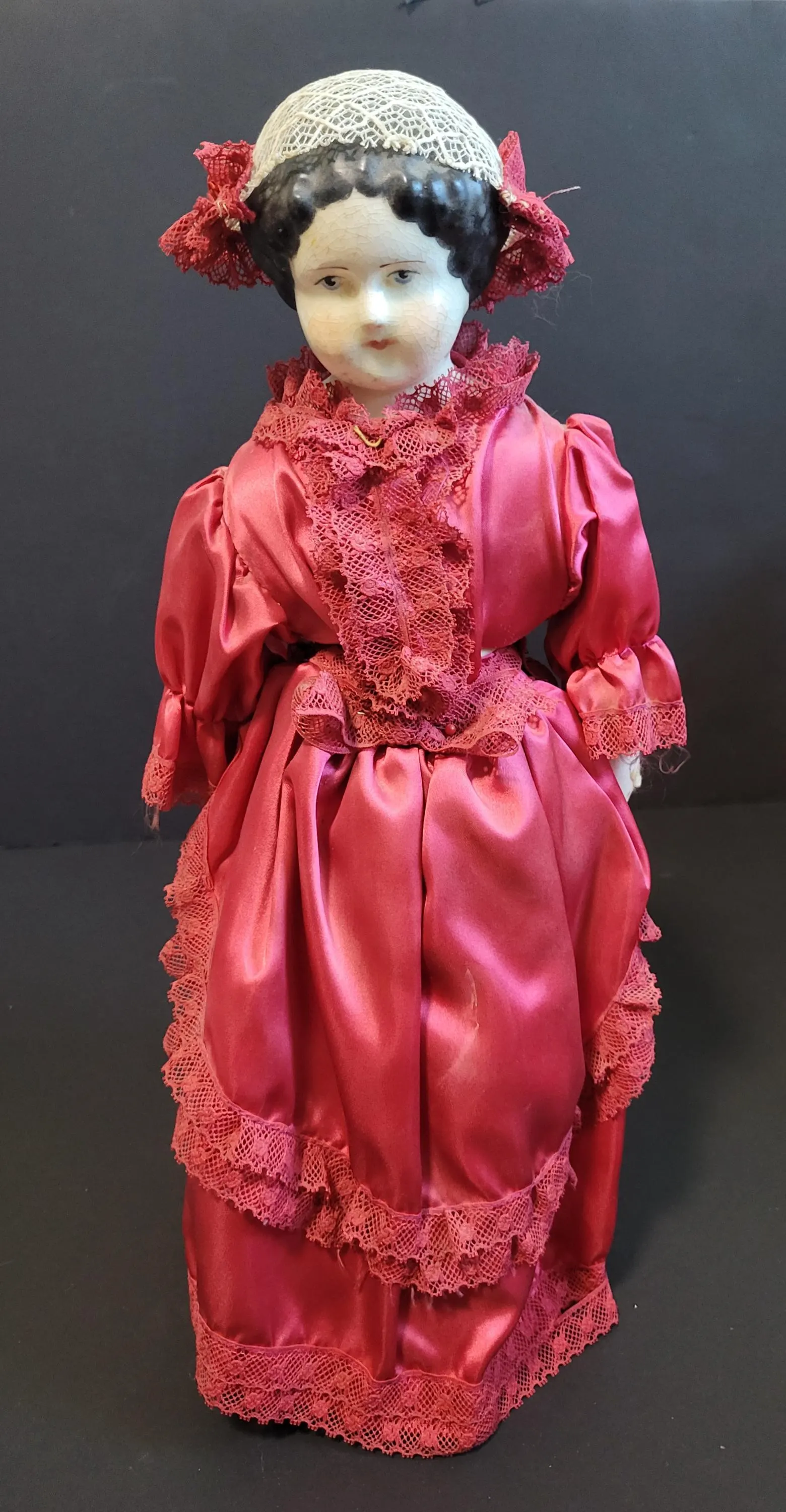 Antique German Low Brow China Head Doll, Original Cloth Body Porcelain Limbs