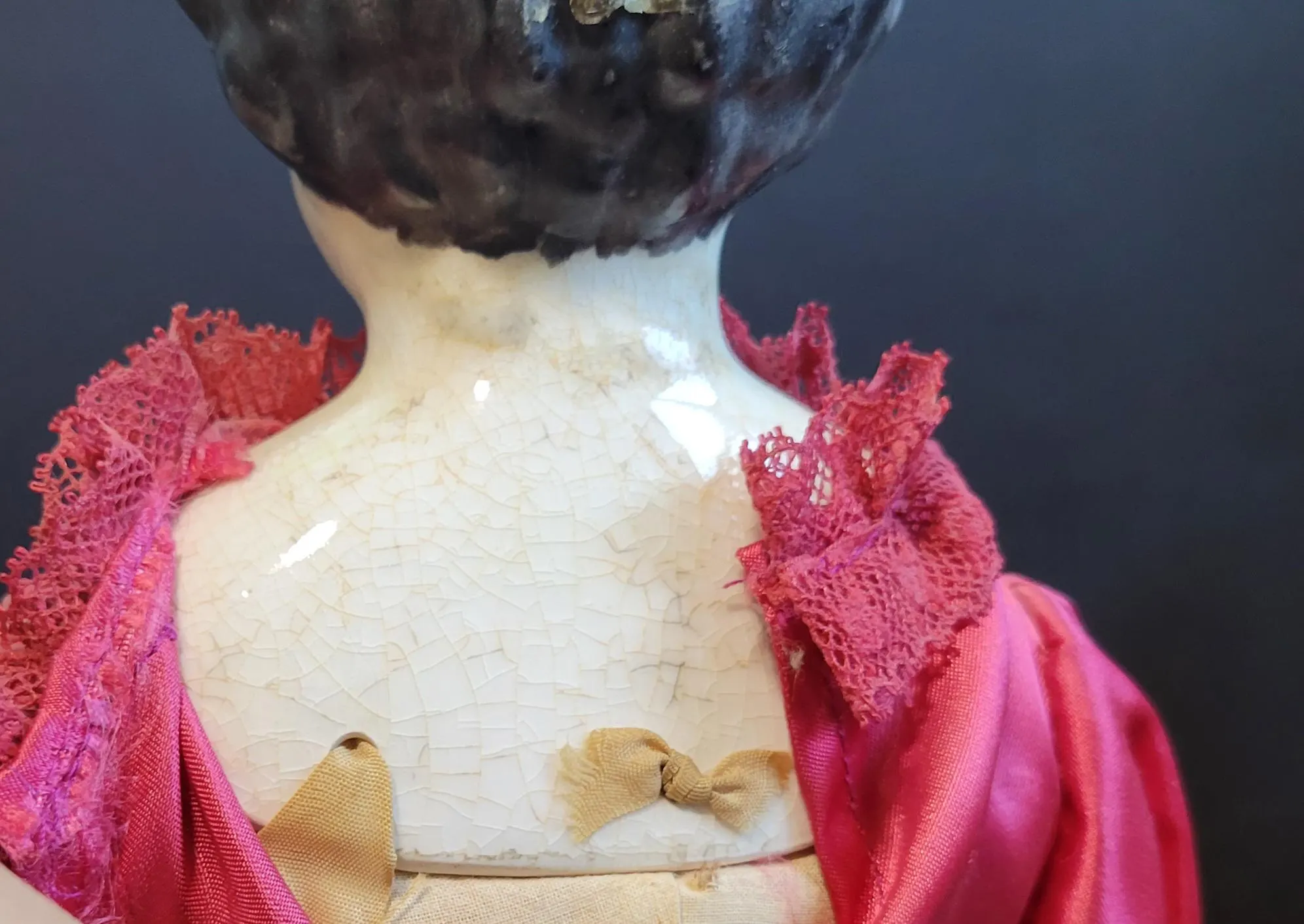 Antique German Low Brow China Head Doll, Original Cloth Body Porcelain Limbs - image 3