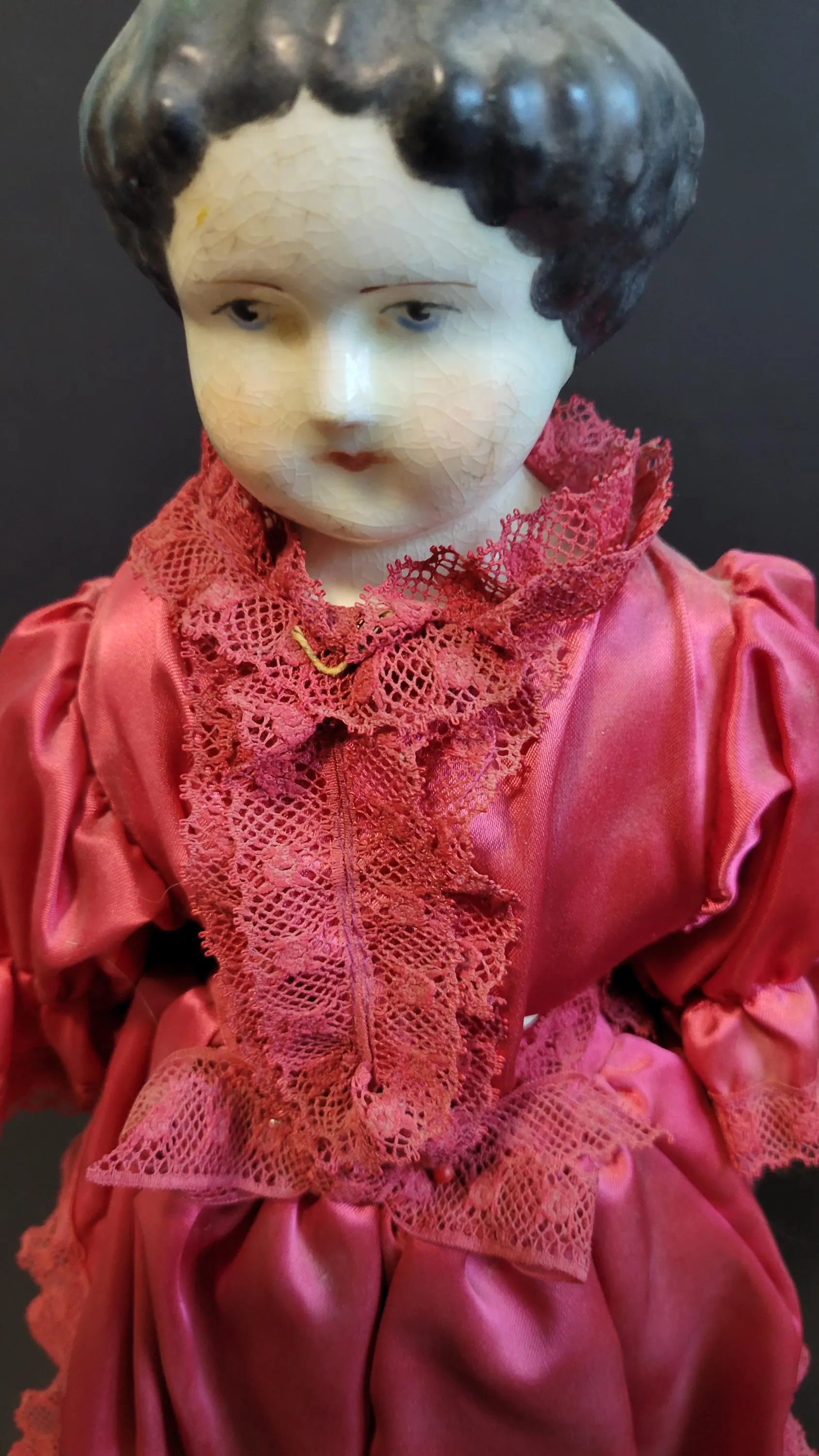Antique German Low Brow China Head Doll, Original Cloth Body Porcelain Limbs - image 2