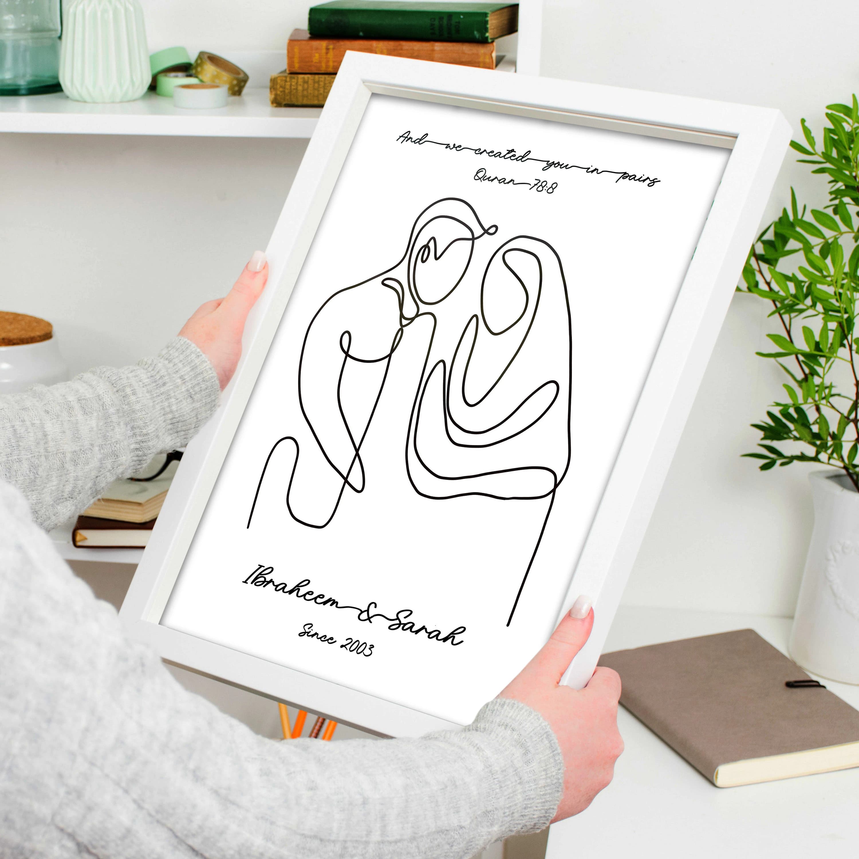 Islamic LineArt- Customizable Husband & Wife Art | And We Created You in Pairs Surah An-Niba 78:8 | Personalized Wedding, Anniversary Gift