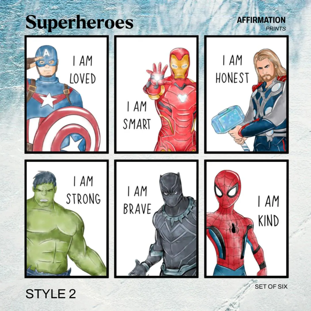Set of 6 Marvel Superhero Affirmation Prints – Motivational Wall Art Kids Bedroom - Baby heroes - Nursery Decor Multiple Themes Print/Framed