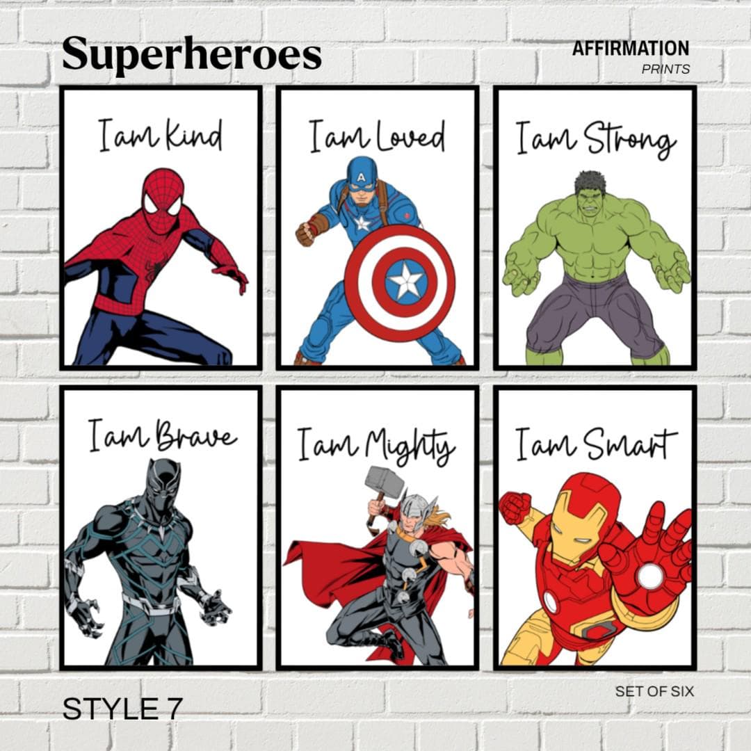 Set of 6 Marvel Superhero Affirmation Prints – Motivational Wall Art Kids Bedroom - Baby heroes - Nursery Decor Multiple Themes Print/Framed - image 3