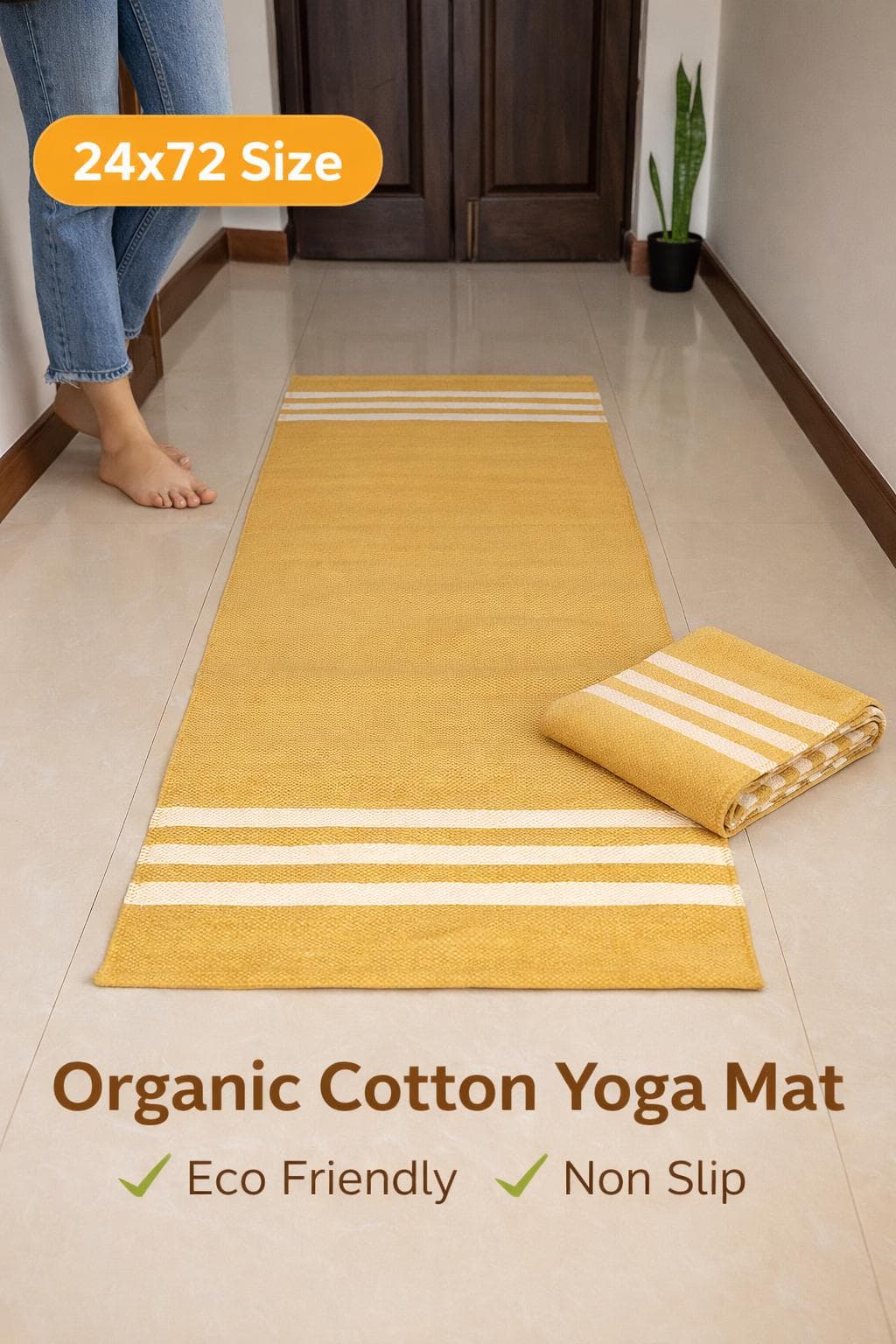 Organic Cotton Yoga Mat 24x72 | Eco Friendly Yoga Rug | Washable Meditation Mat | Non Slip Yoga Mat | Yellow Yoga Runner - image 3
