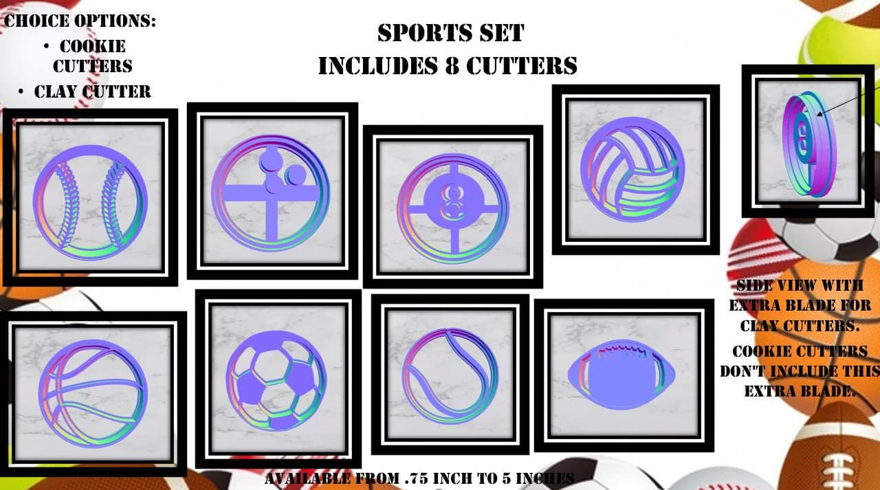 8 PCS: Polymer Clay/Cookie Cutter Sports Imprint Cutter Set - image 3