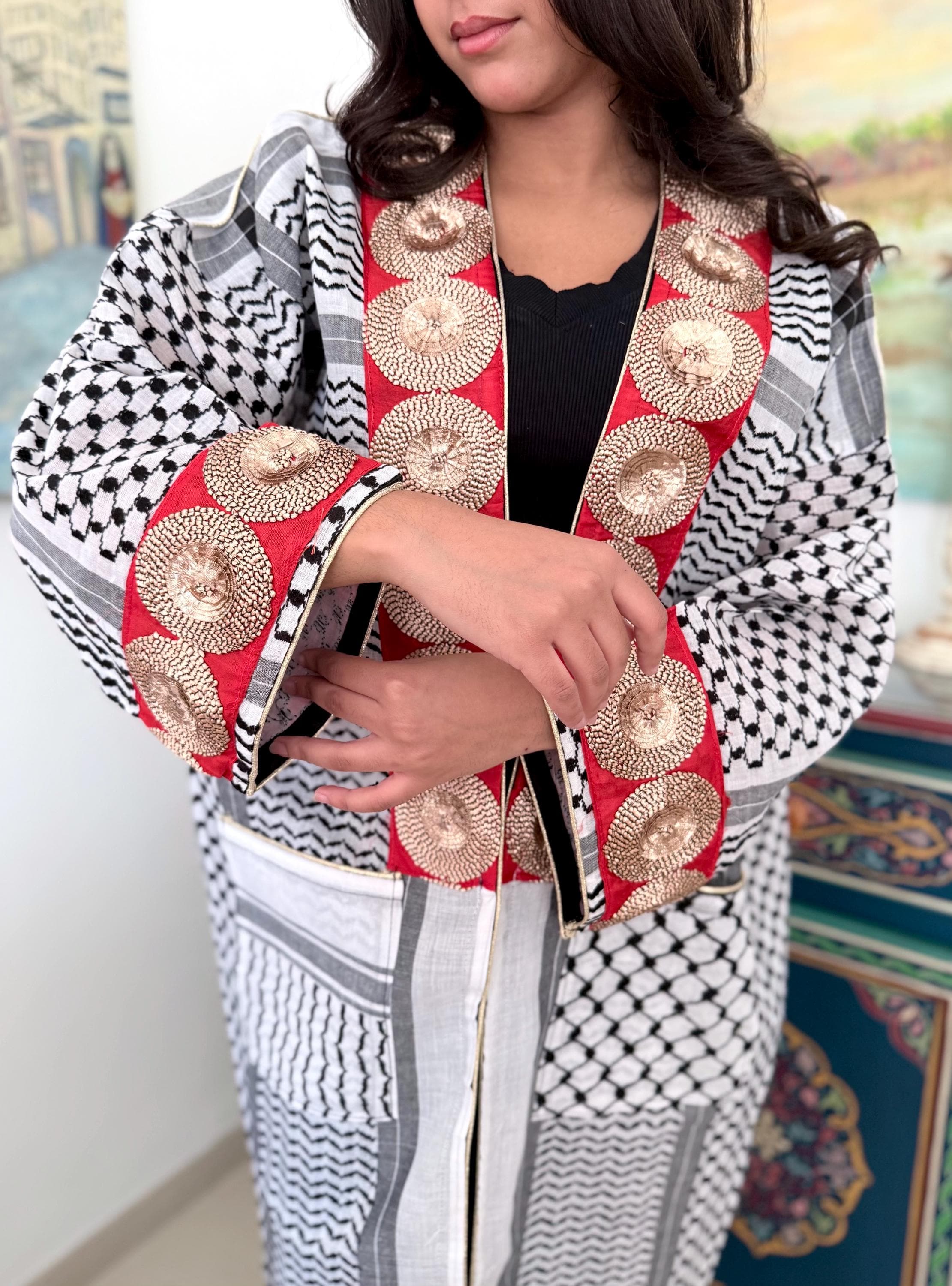 Handmade Arabic Keffiyeh Shemagh Patchwork Maxi Abaya Kaftan Kimono Waistcoat Gilet Long Tunic Pockets Embroidery Modest Fashion Hippy Boho - image 5
