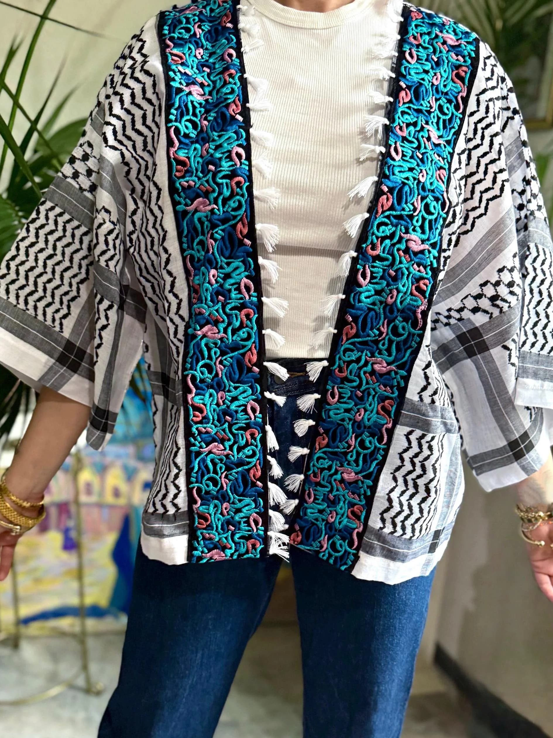 Cotton Handmade Keffiyeh Shemagh Short Jacket Tunic Kimono Blazer Arabic Calligraphy Embroidery Patchwork Boho Modest Layer Festival Unisex