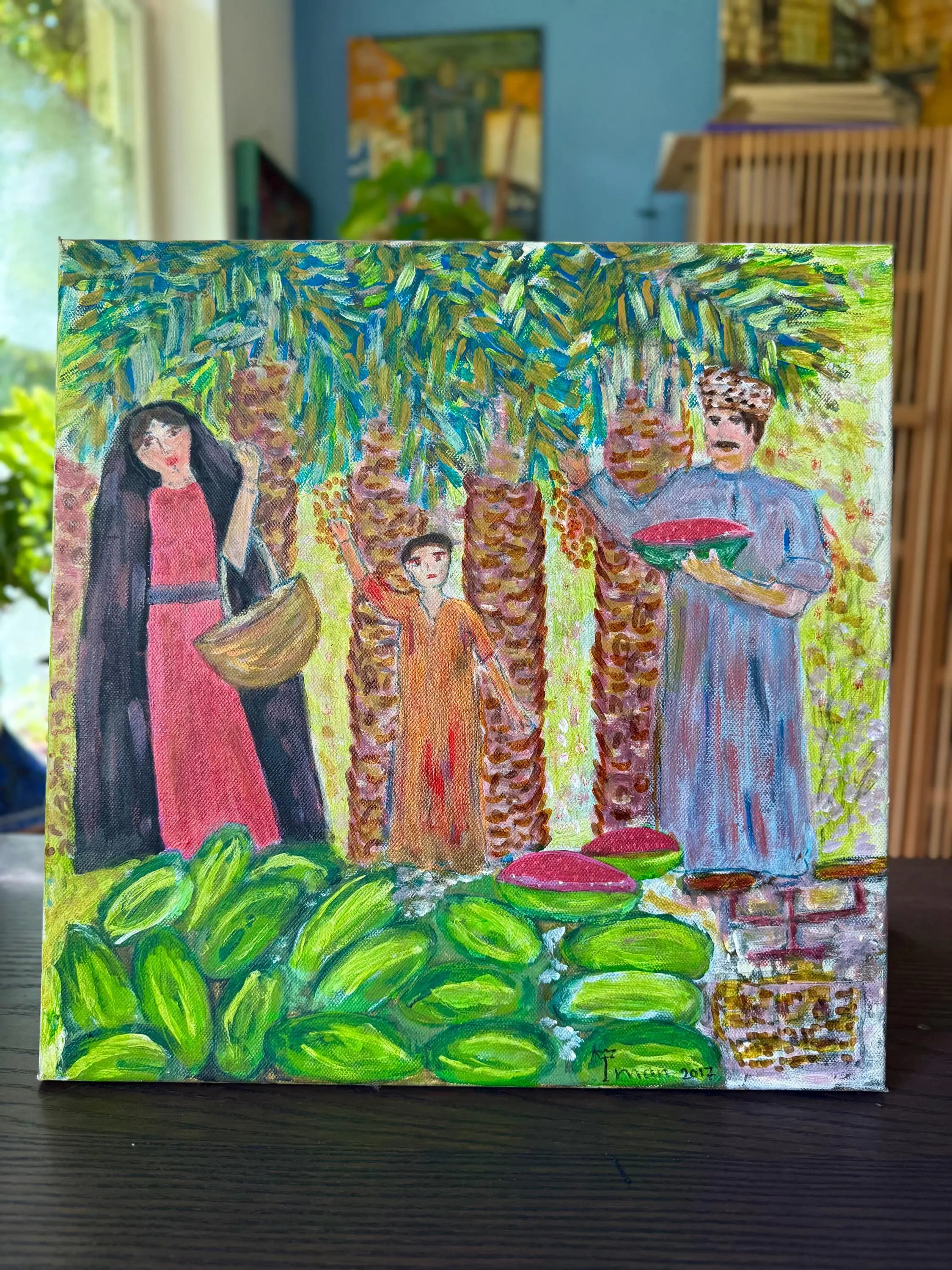 Original Acrylic Painting Canvas Iraqi Family Palm Harvest Middle Eastern Heritage Canvas Pastel Wall Artwork Traditional Gulf Arabian Decor