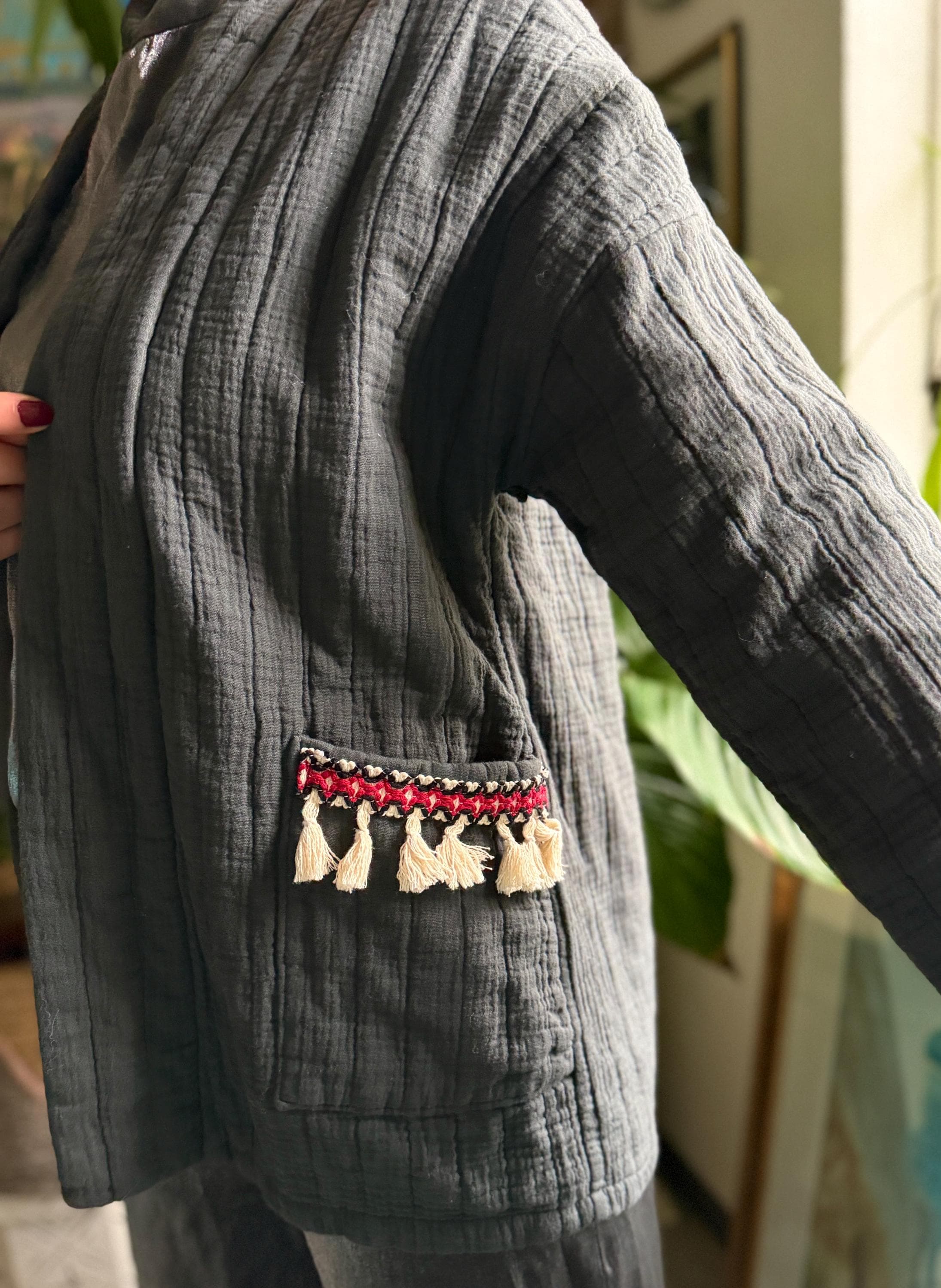 Handmade Cotton Jacket Blazer Cardigan Waistcoat Gilet Modest Embroidered Fringes Layering Coat Outerwear Bohemian Hippy Kimono Abaya Tribal - image 4