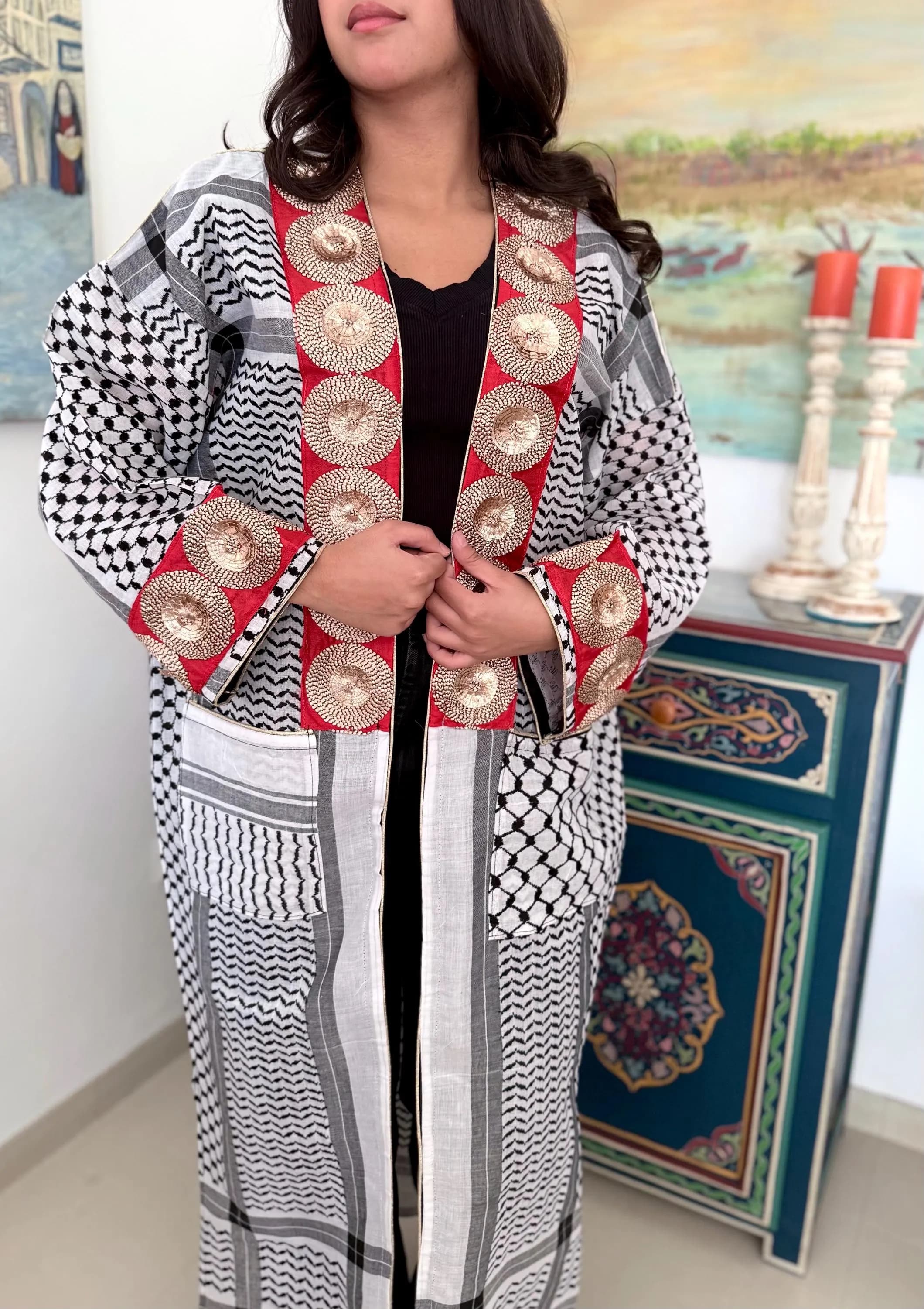 Handmade Arabic Keffiyeh Shemagh Patchwork Maxi Abaya Kaftan Kimono Waistcoat Gilet Long Tunic Pockets Embroidery Modest Fashion Hippy Boho