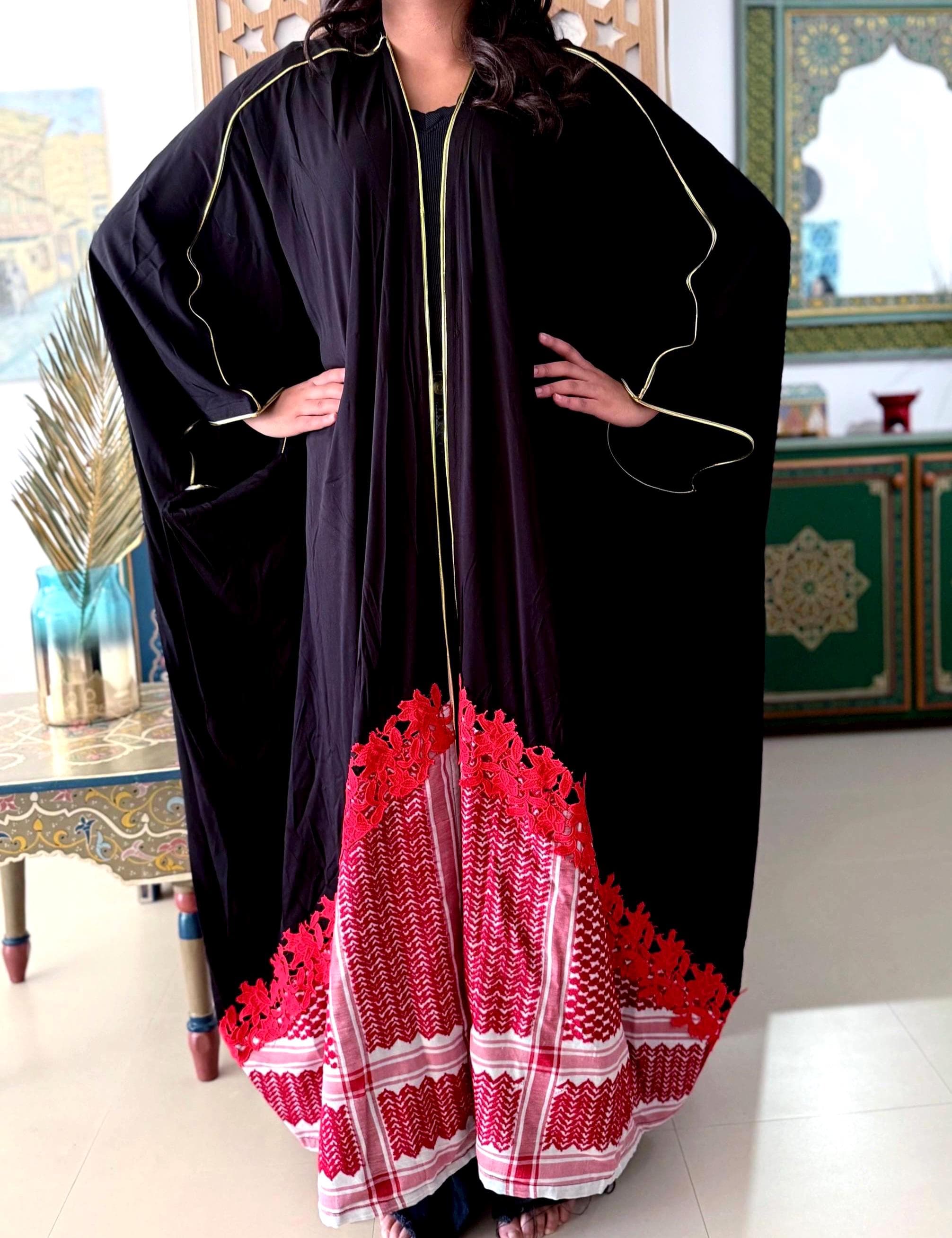 Patchwork Keffiyeh Shemagh Abaya Handmade Modest Fashion Kaftan Flowing Abaya Red Floral Embroidery Trim Heritage Arab Modest Luxury Details