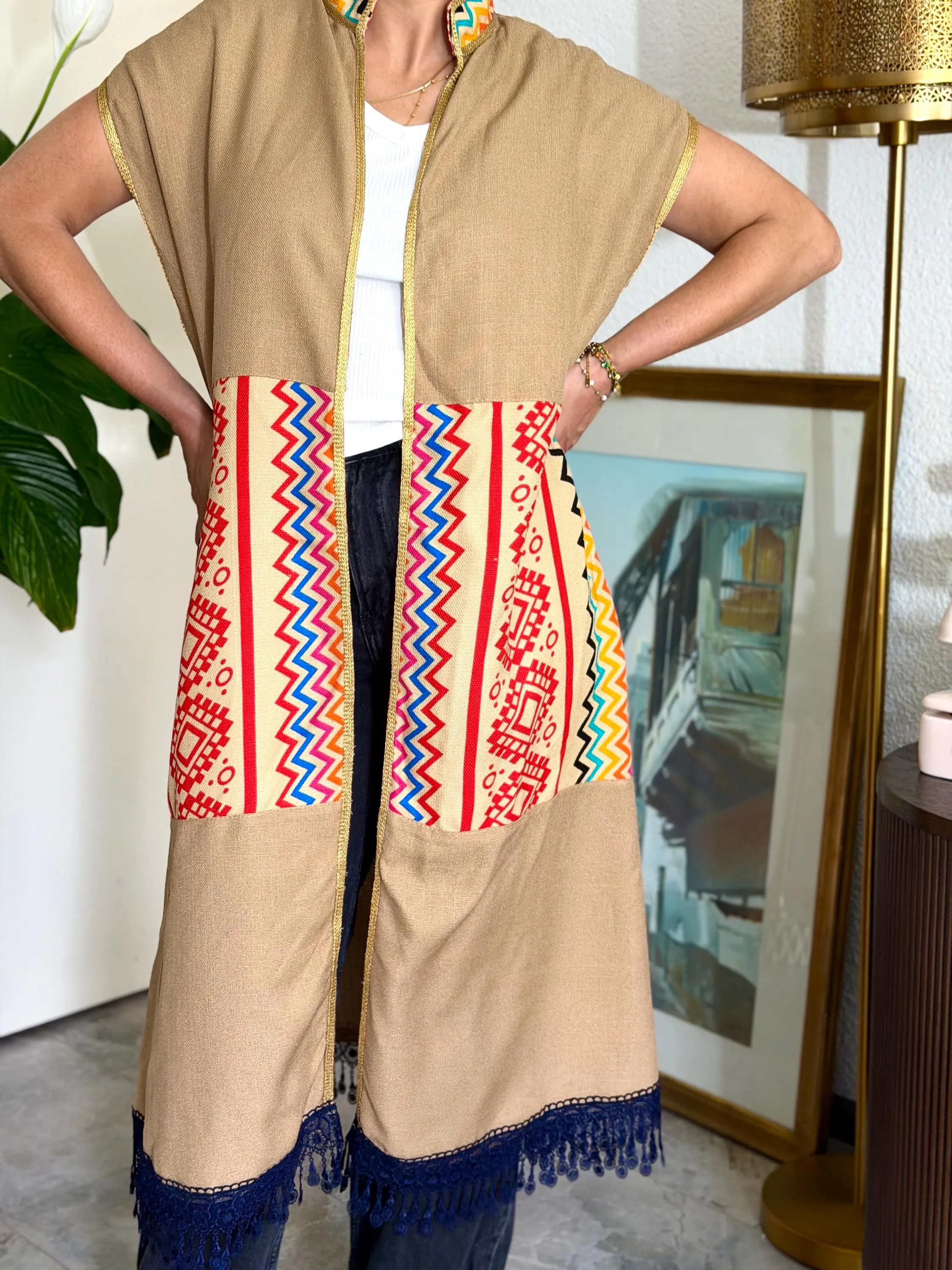 Handmade Linen Kimono Abaya Gilet Long Vest Tunic Boho Arabic Heritage Patchwork Open Front Duster Jacket Colorful Festival Wear Embroidery