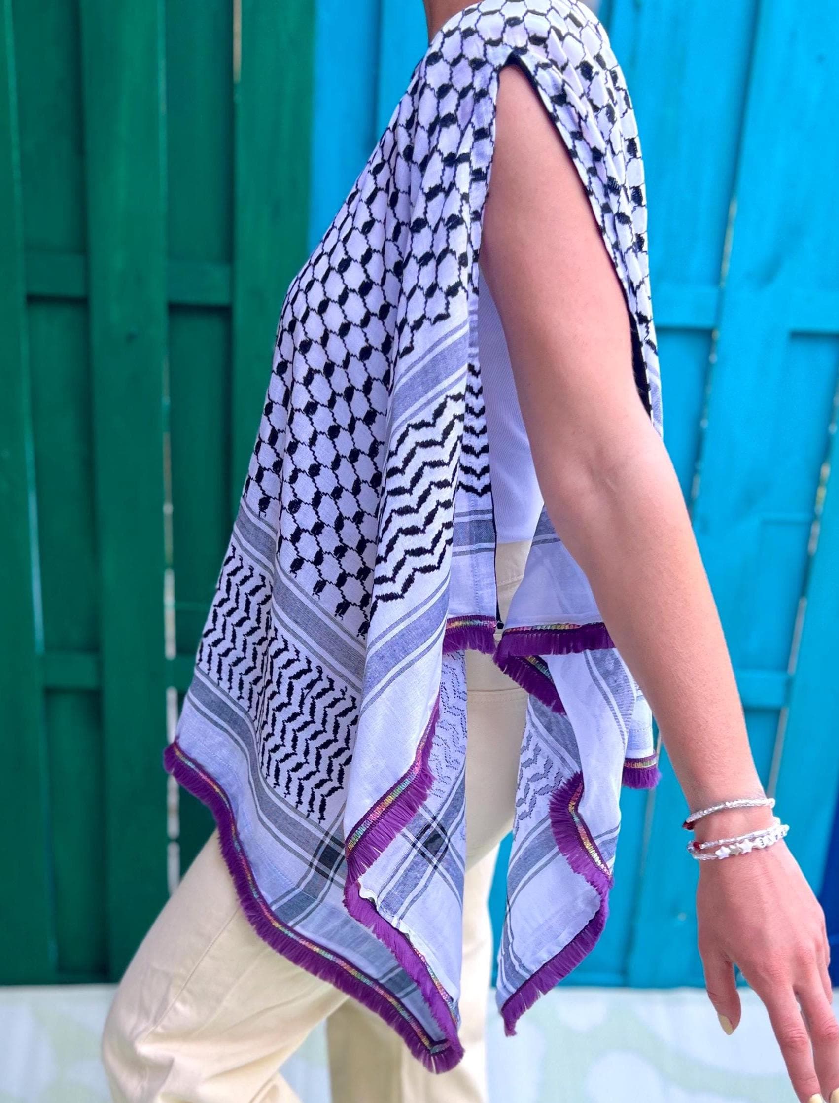 Cape Poncho Top Shirt Blouse Parka Cape Arabic Print Iraqi Pattern Keffiyeh Shemagh Rainbow Lace Embroidery Ruffles Tassel Beads Details Art - image 4