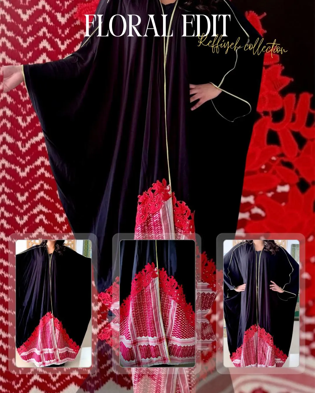 Patchwork Keffiyeh Shemagh Abaya Handmade Modest Fashion Kaftan Flowing Abaya Red Floral Embroidery Trim Heritage Arab Modest Luxury Details - image 3
