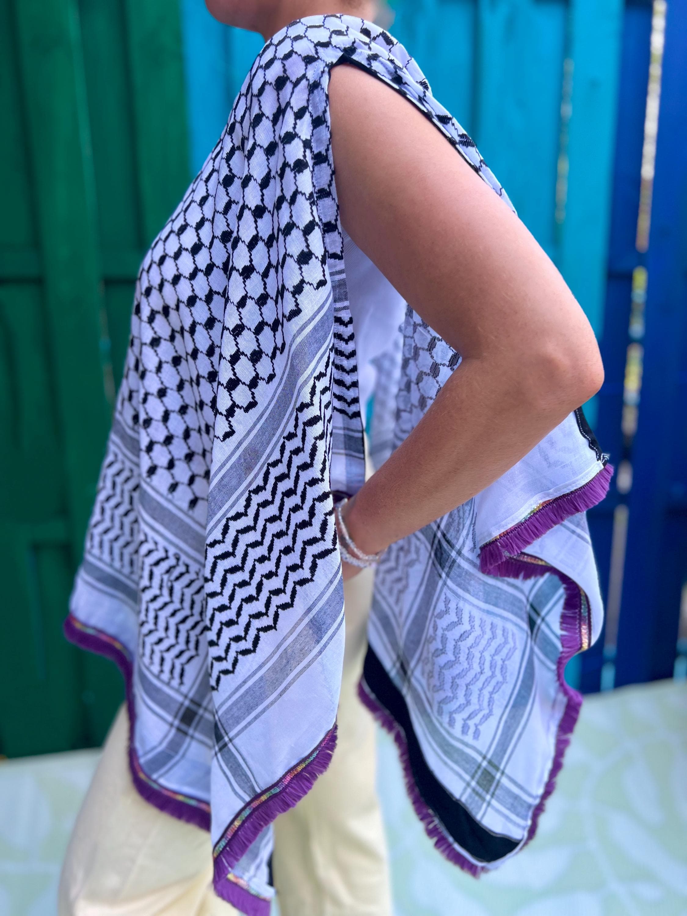 Cape Poncho Top Shirt Blouse Parka Cape Arabic Print Iraqi Pattern Keffiyeh Shemagh Rainbow Lace Embroidery Ruffles Tassel Beads Details Art - image 2