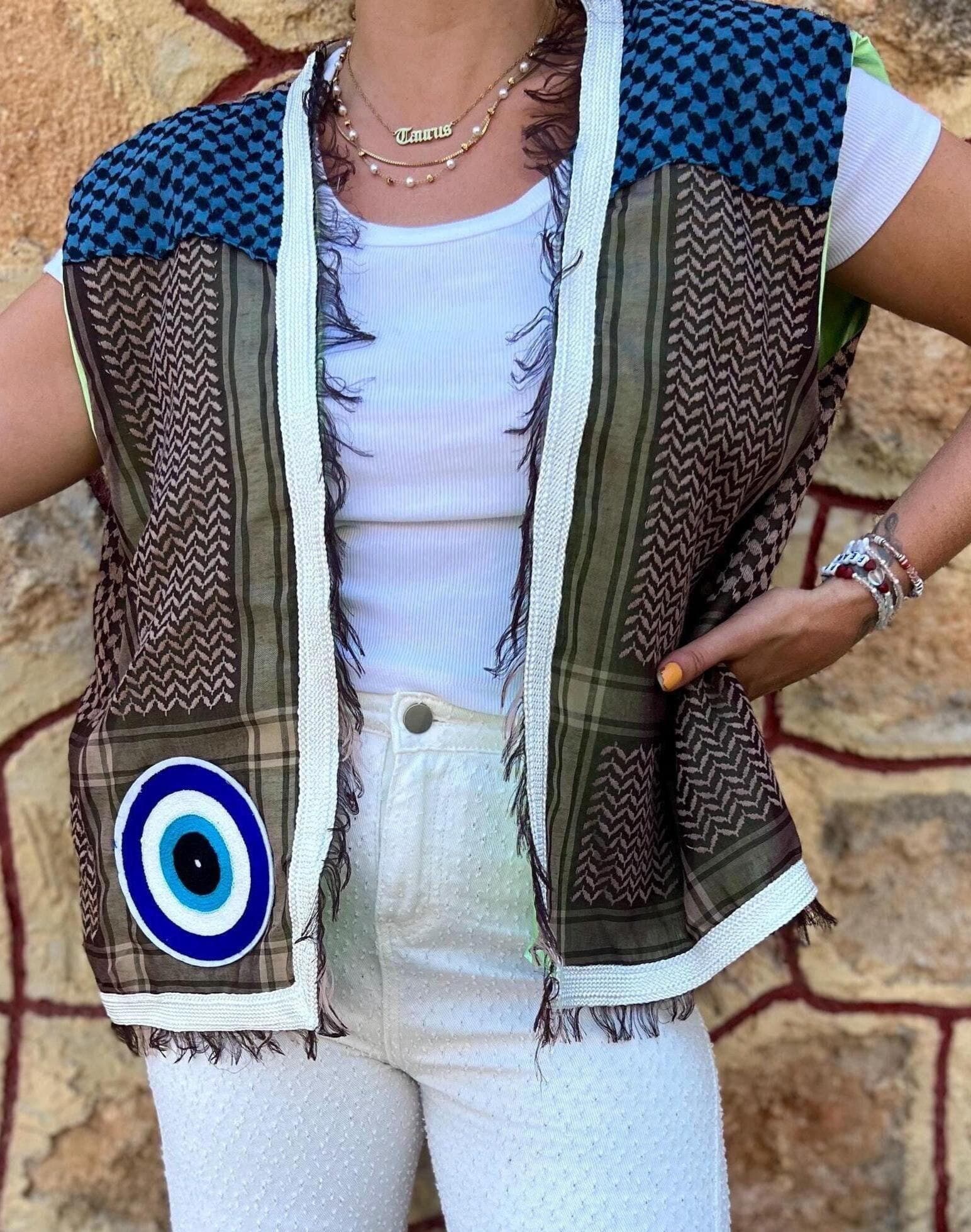 Nazar Embroidery Arabic Shemagh Keffiyeh Jacket Kimono Poncho Tunic Robe Gilet Short Cape Abaya Patchwork Lace Boho Hippy Unisex Art Ruffles