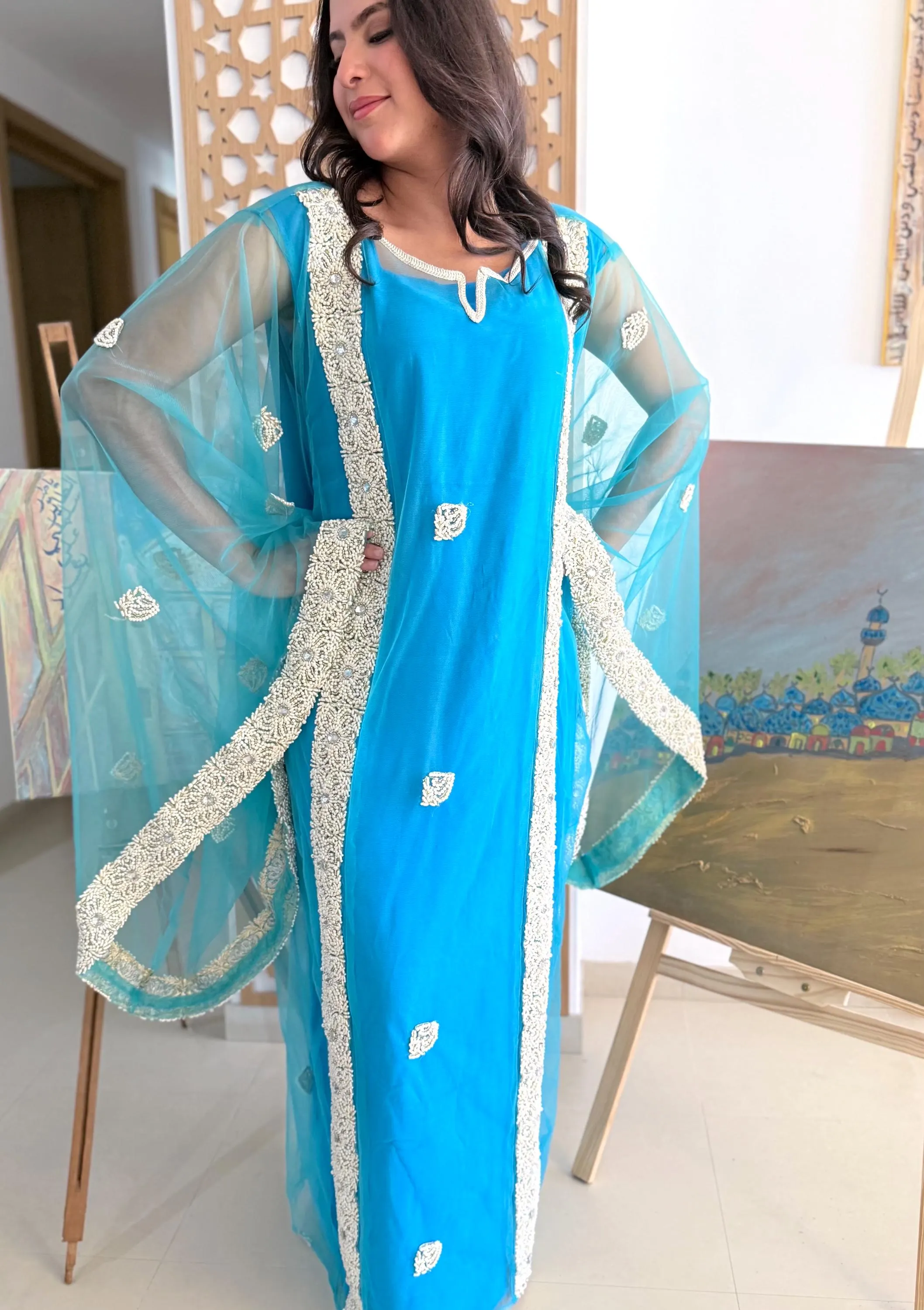 Modest Iraqi Hashmi Dress Kaftan Handmade Turquoise Chiffon Lace Pearl Embroidery Heritage Luxury Arabic Formal Eid Wedding Henna Occasion