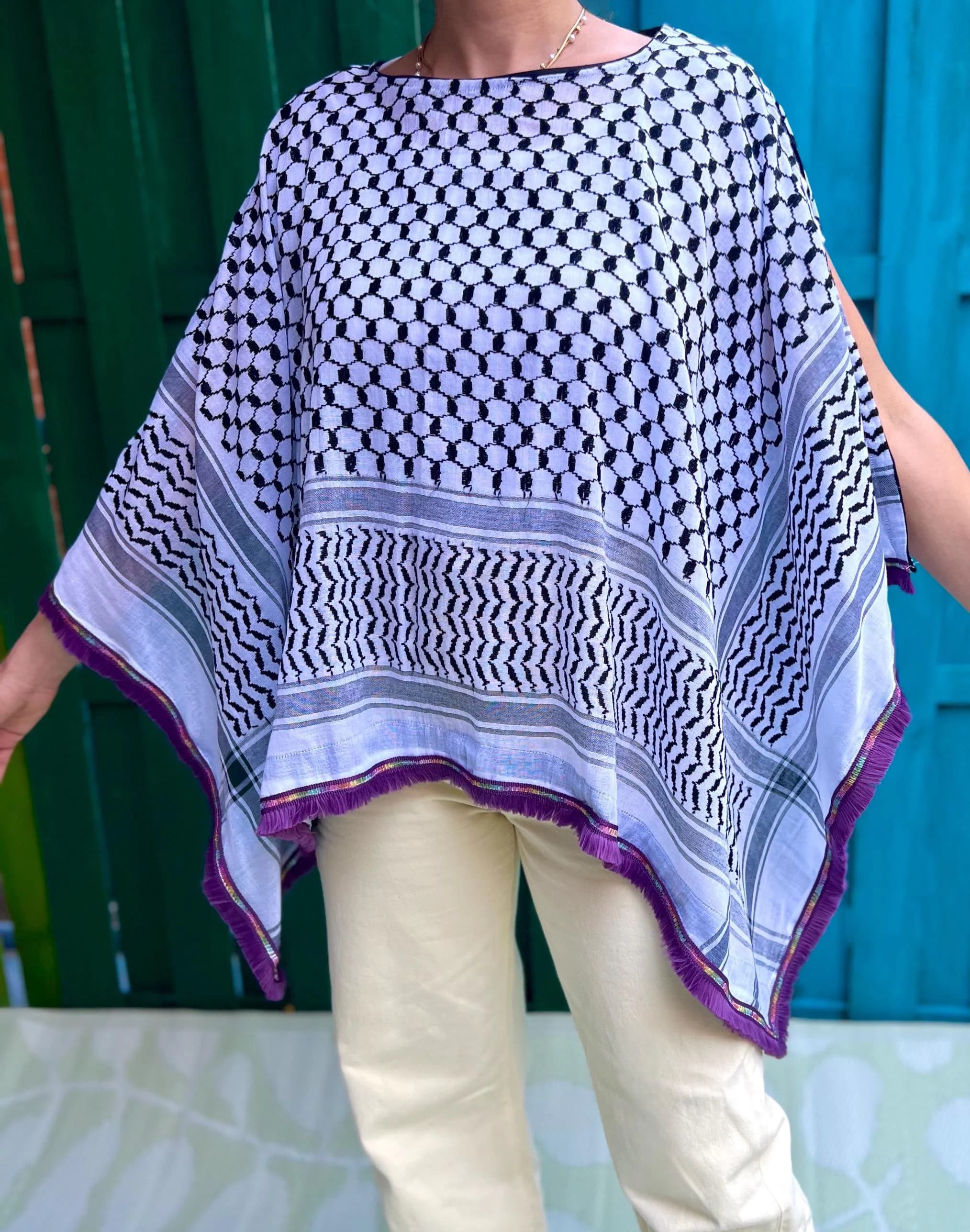 Cape Poncho Top Shirt Blouse Parka Cape Arabic Print Iraqi Pattern Keffiyeh Shemagh Rainbow Lace Embroidery Ruffles Tassel Beads Details Art