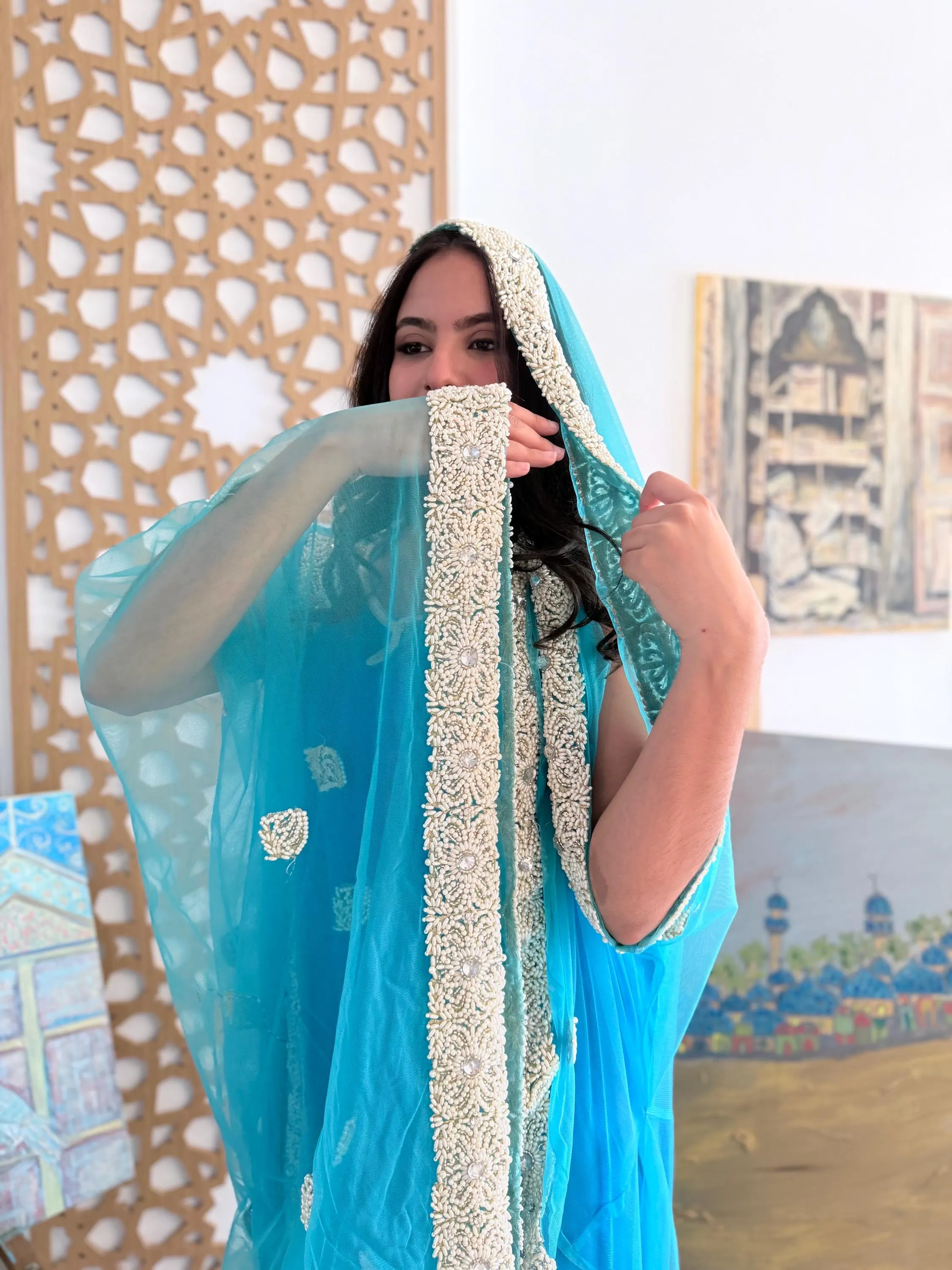Modest Iraqi Hashmi Dress Kaftan Handmade Turquoise Chiffon Lace Pearl Embroidery Heritage Luxury Arabic Formal Eid Wedding Henna Occasion - image 5