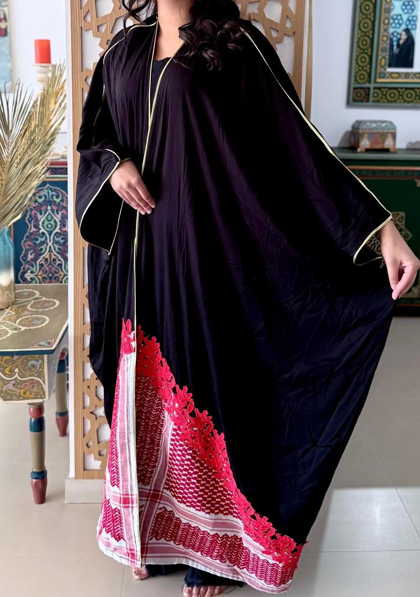 Patchwork Keffiyeh Shemagh Abaya Handmade Modest Fashion Kaftan Flowing Abaya Red Floral Embroidery Trim Heritage Arab Modest Luxury Details - image 5